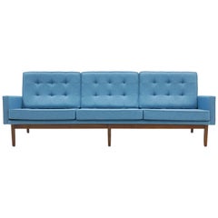 Florence Knoll Three-Seat Sofa Walnut Frame Restored, New Blue Upholstery