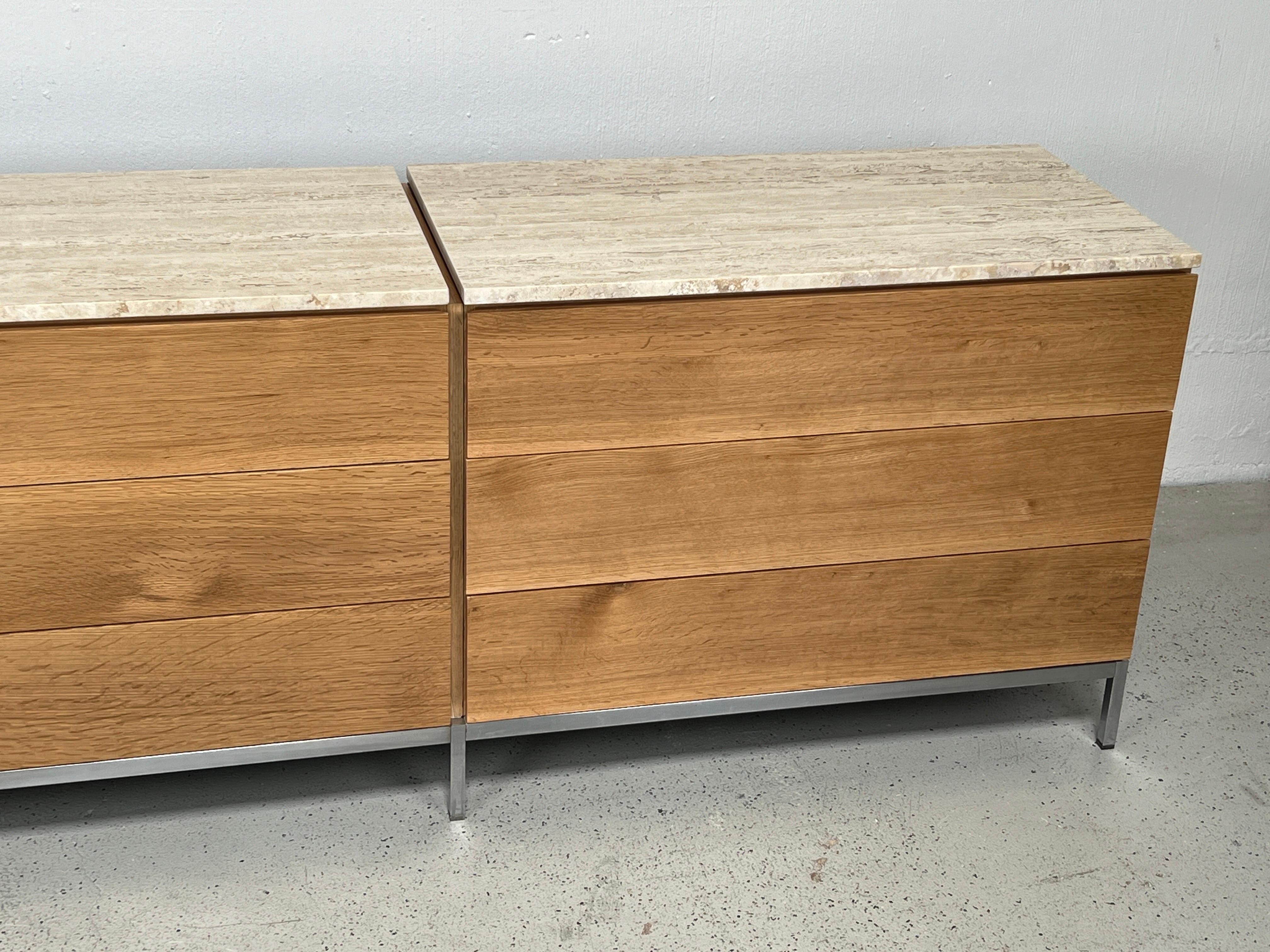 Mid-20th Century Florence Knoll Triple Dresser in Oak and Travertine  For Sale