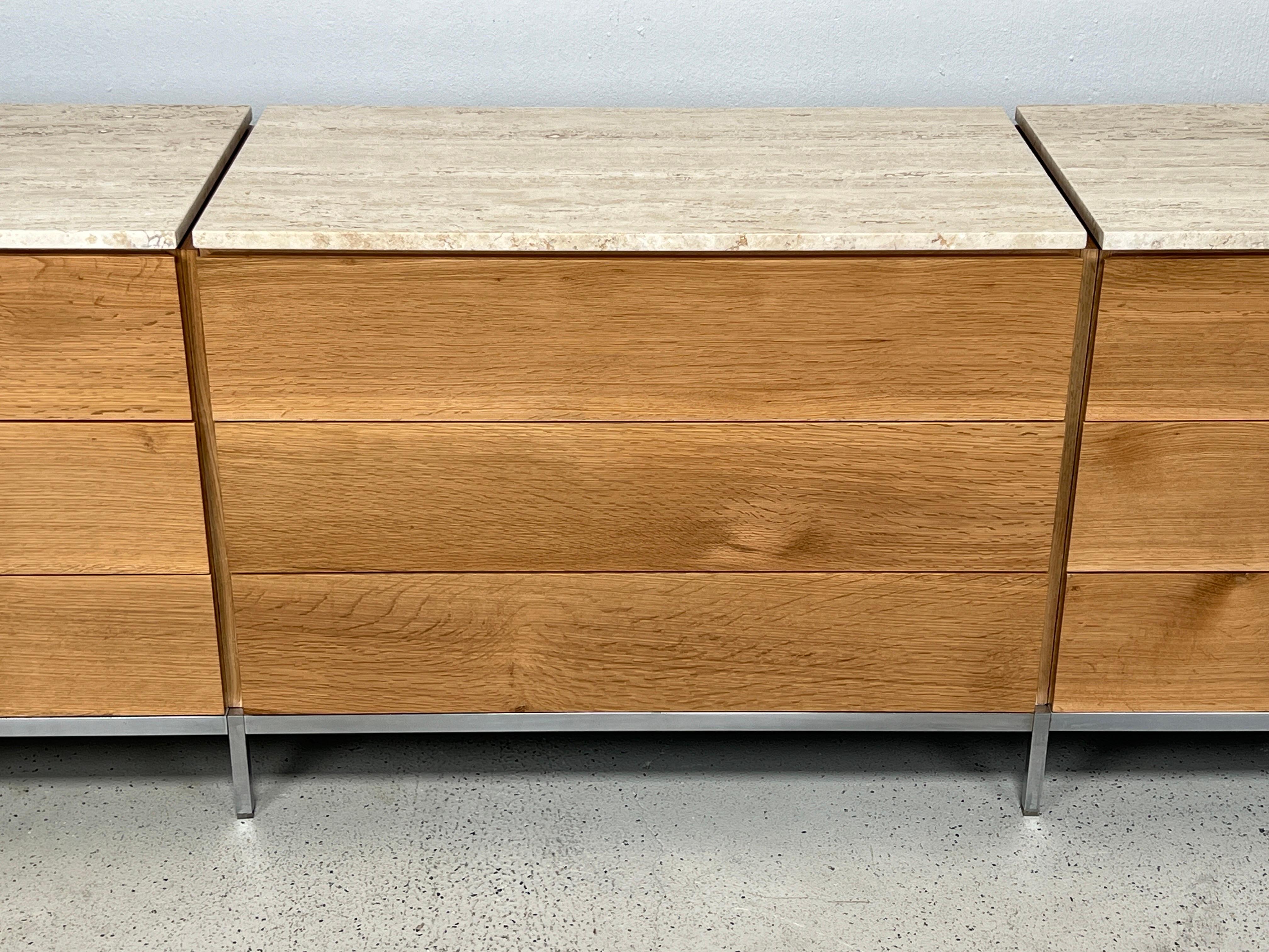 Florence Knoll Triple Dresser in Oak and Travertine  For Sale 1