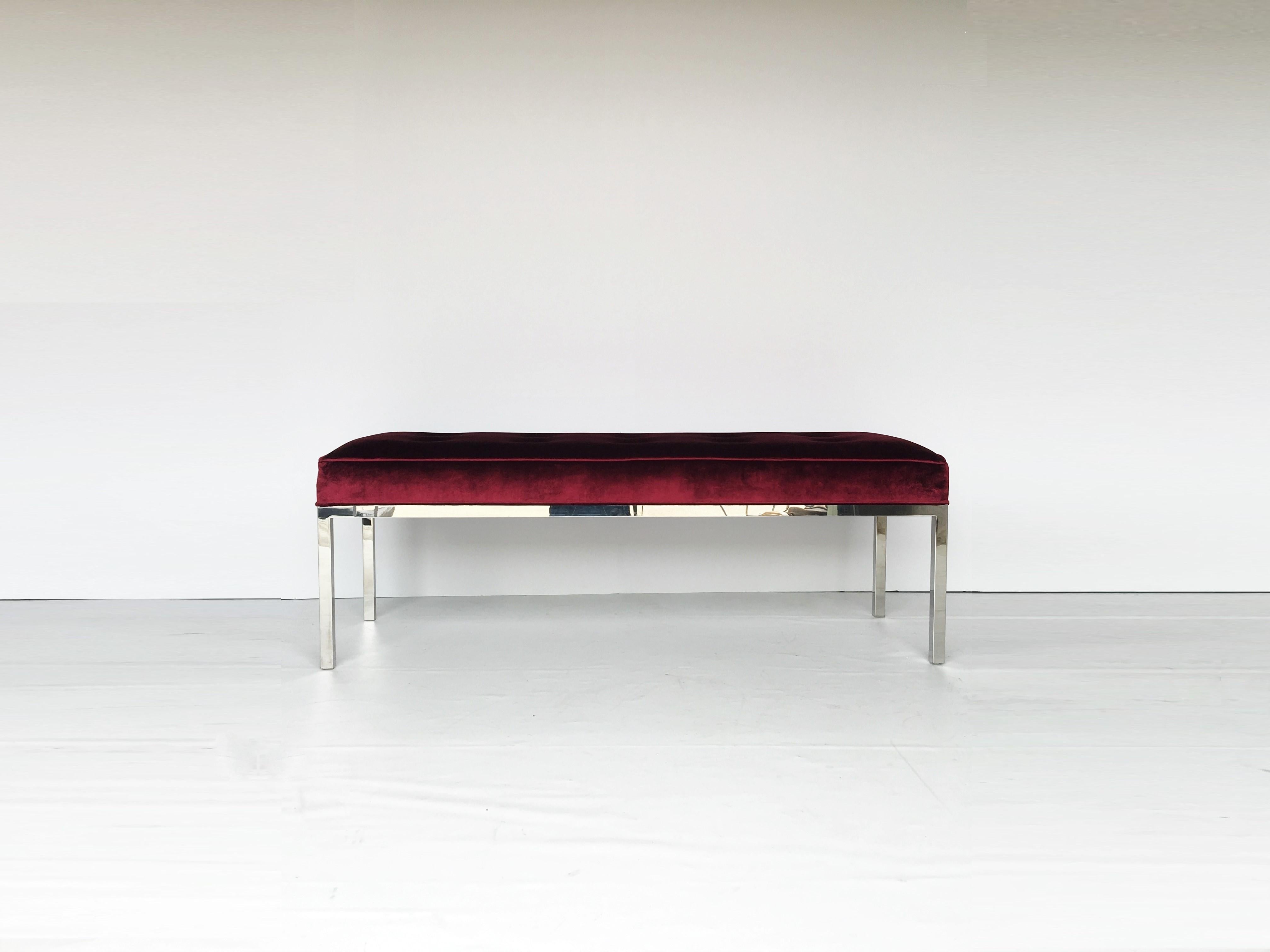 Designed by Florence Knoll in 1954, the bench is one of the great design achievements of modern times. Produced by Knoll, circa 1970s. The frame and legs are constructed of heavy gauge chrome-plated steel. The tufted seat is upholstered in high