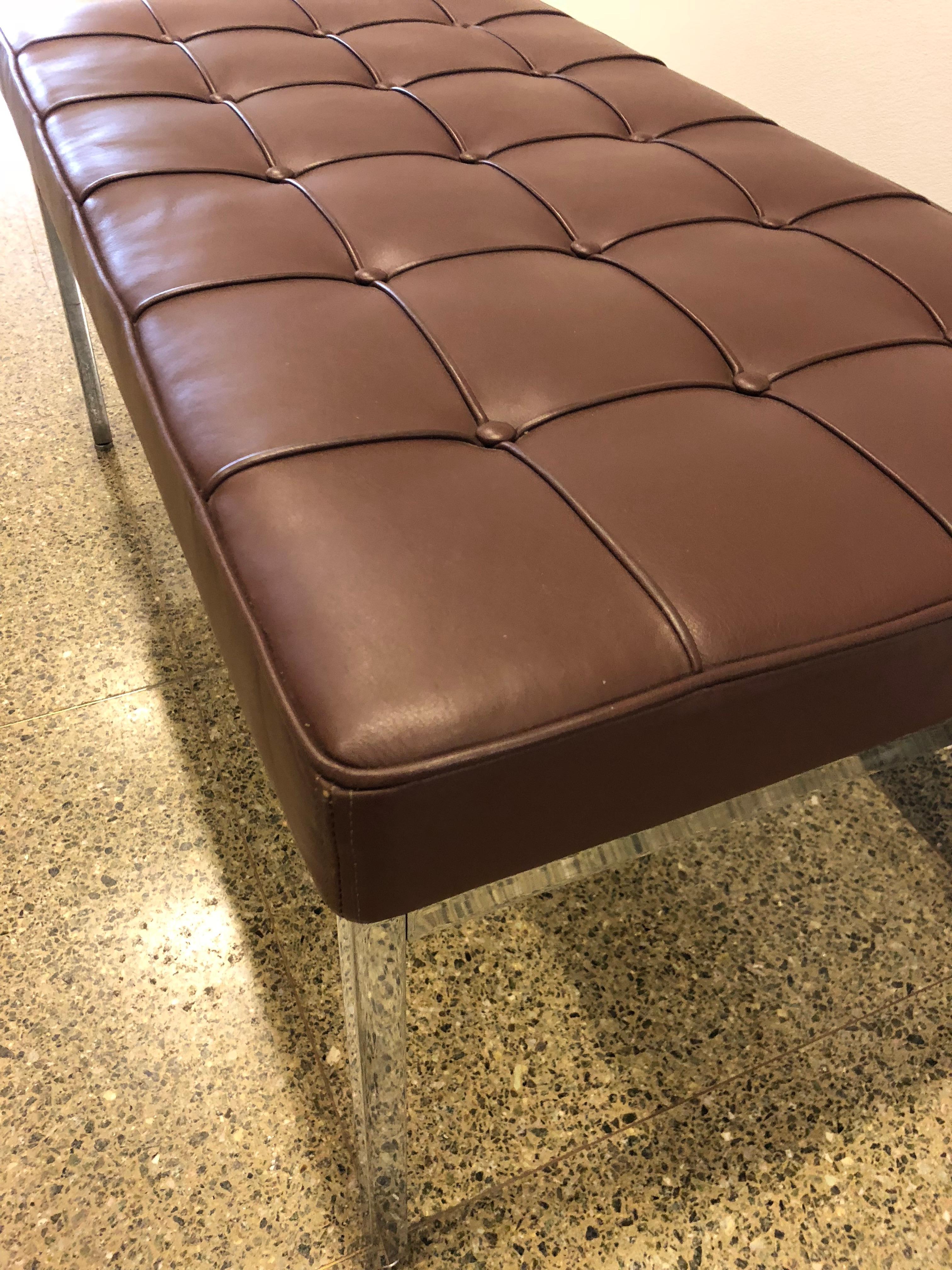 American Florence Knoll Tufted Brown Leather and Chrome Bench, Mfg. Knoll