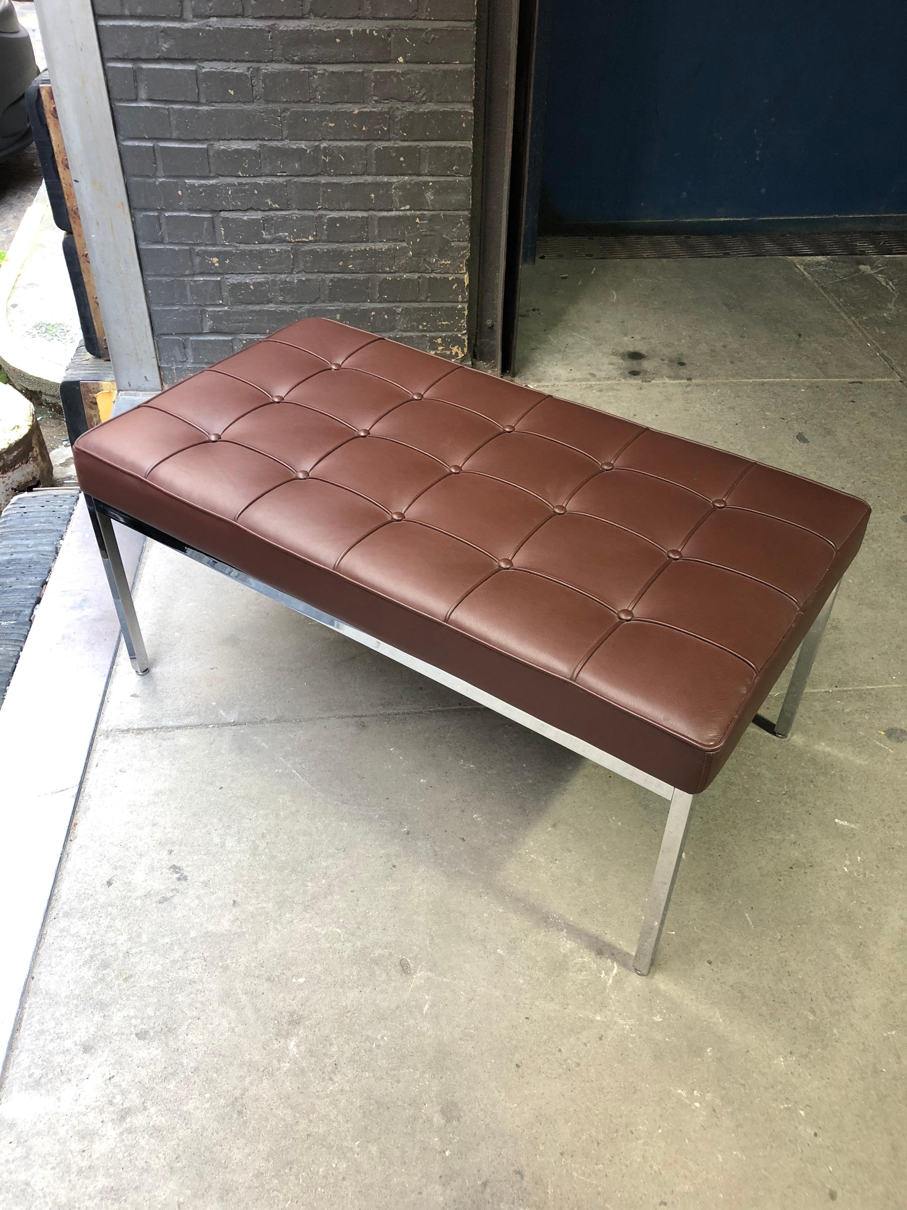 Florence Knoll Tufted Brown Leather and Chrome Bench, Mfg. Knoll 2