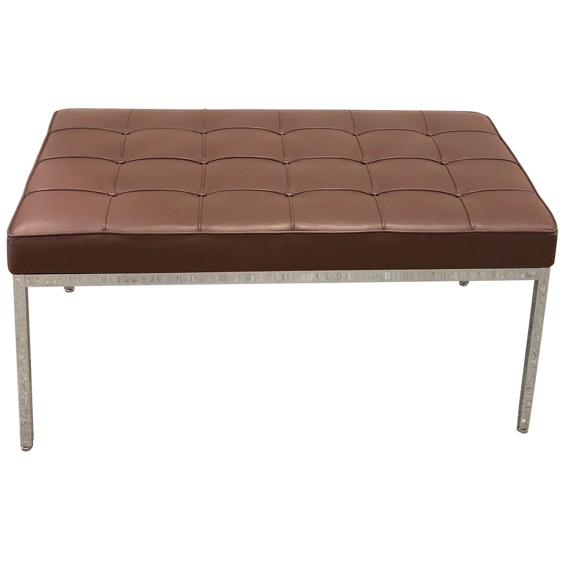 Florence Knoll Tufted Brown Leather and Chrome Bench, Mfg. Knoll