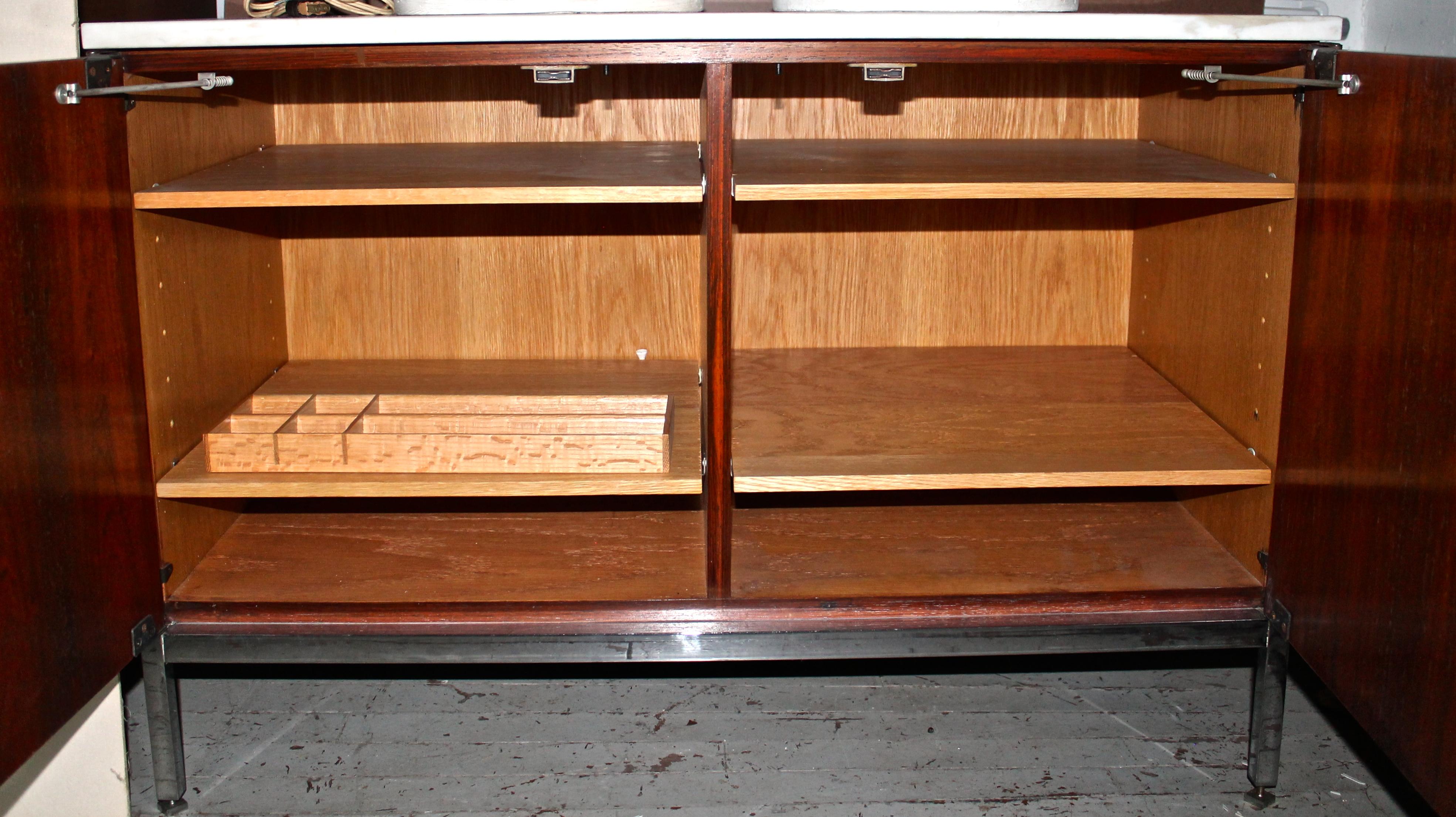 20th Century Florence Knoll Two Bay White Marble and Teak Credenza 