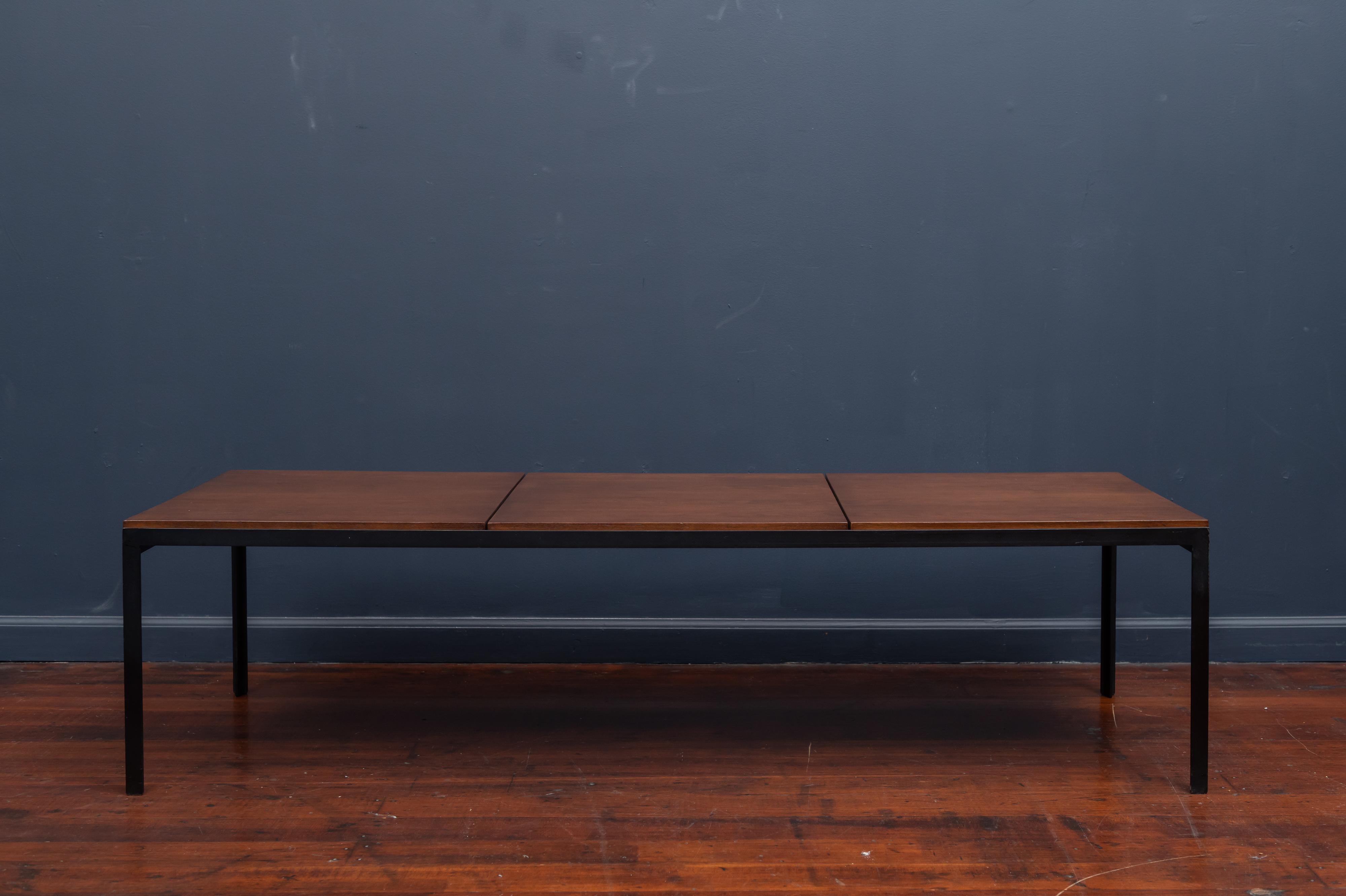 Florence Knoll design walnut and angular steel frame coffee table or bench, newly refinished, circa 1950s.