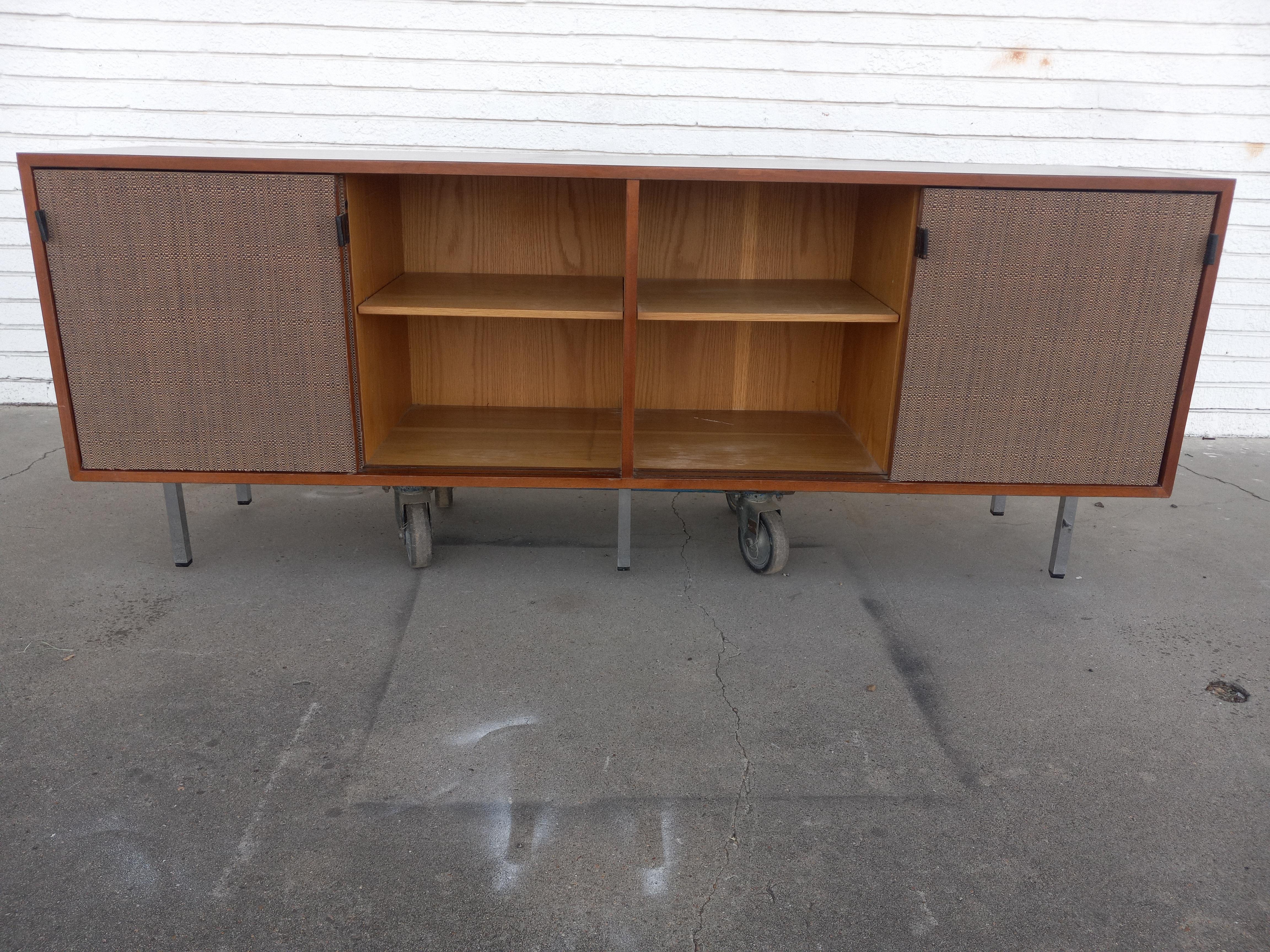 Mid-Century Modern Florence Knoll Walnut Credenza cane doors w Leather Pulls