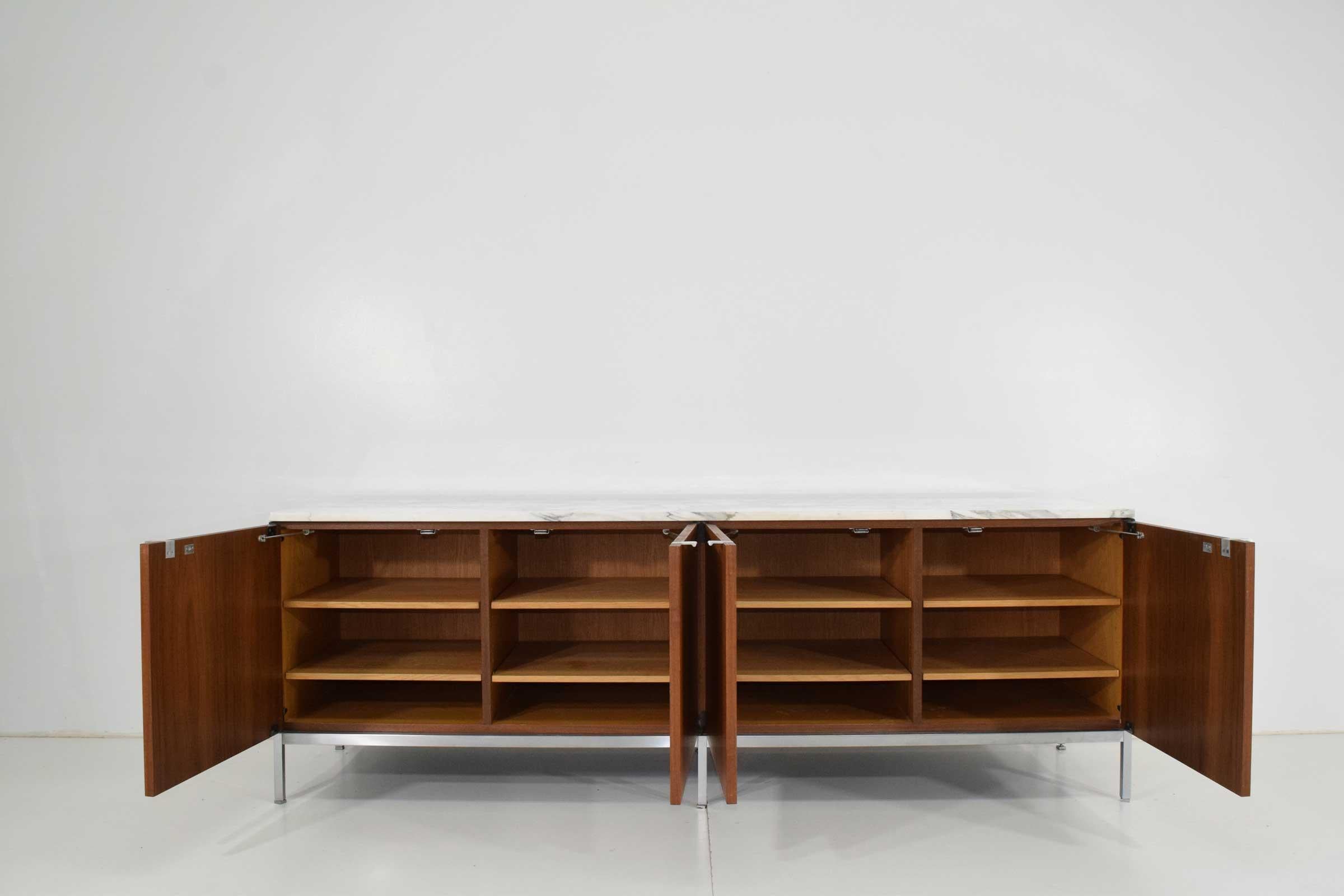 Stainless Steel Florence Knoll Walnut Credenza with Marble Top