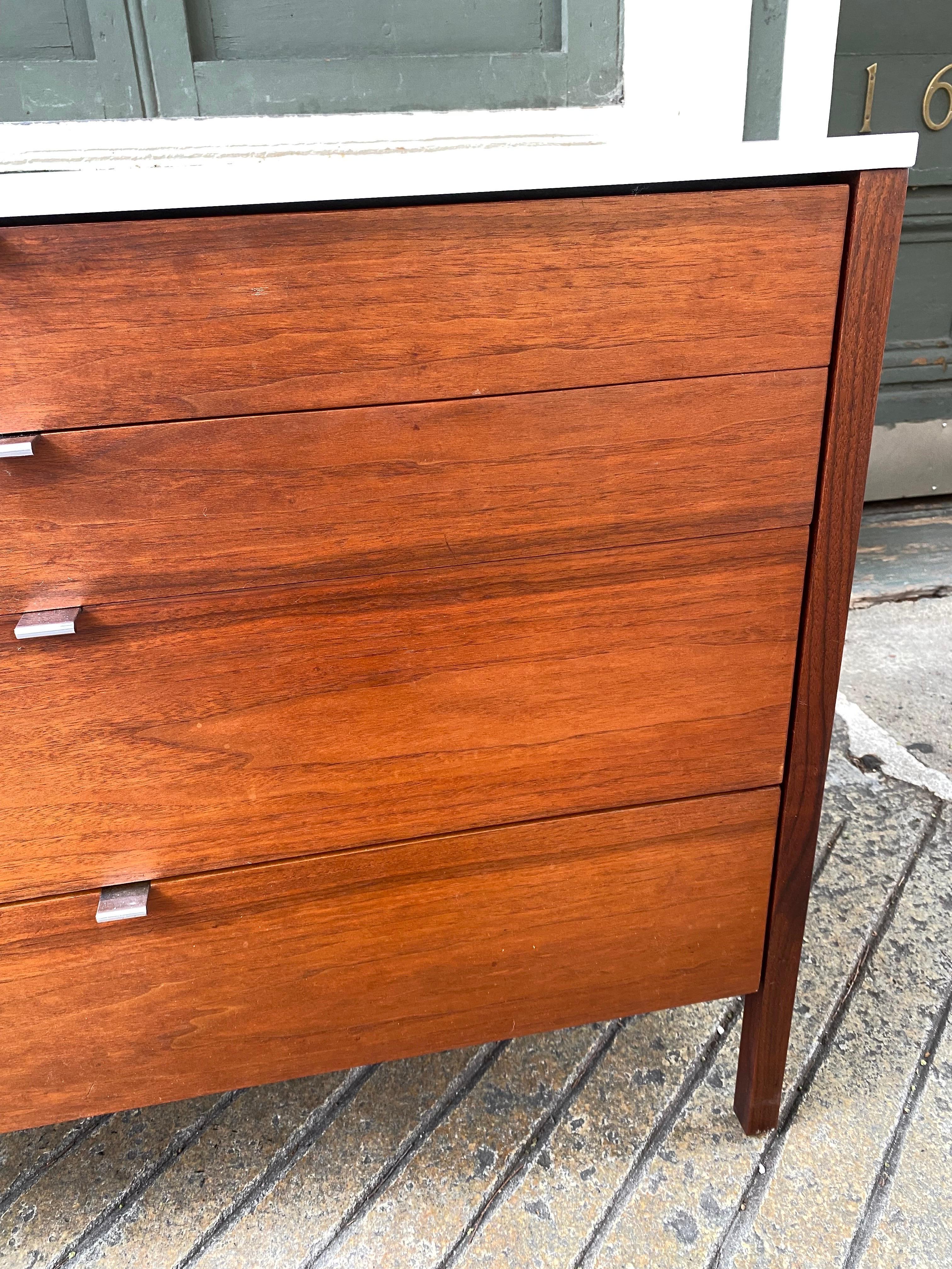 American Florence Knoll Walnut Dresser with White Formica Top, 2 Available