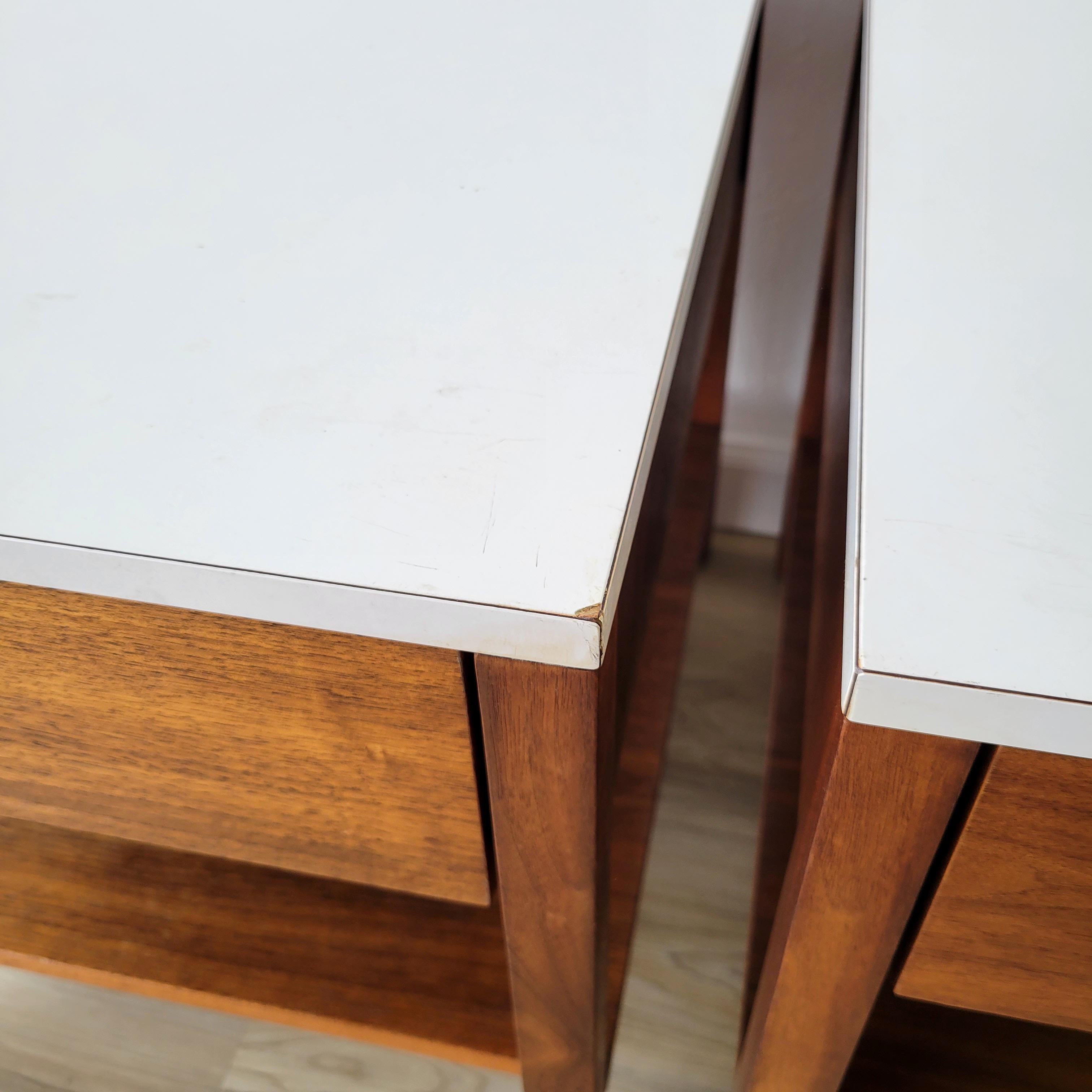 Mid-Century Modern Florence Knoll Walnut + White Laminate Top Nightstand / Side Tables
