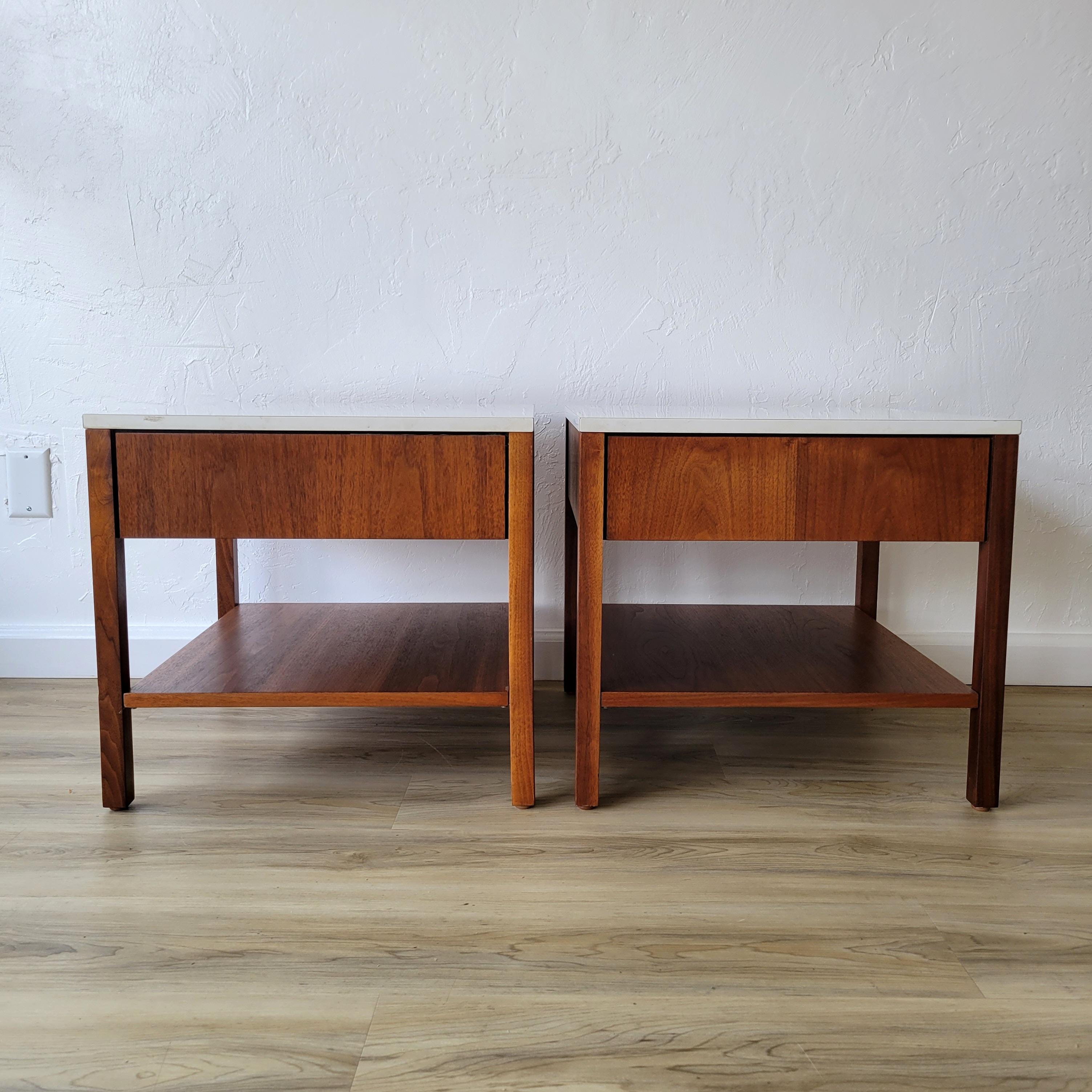 Mid-20th Century Florence Knoll Walnut + White Laminate Top Nightstand / Side Tables