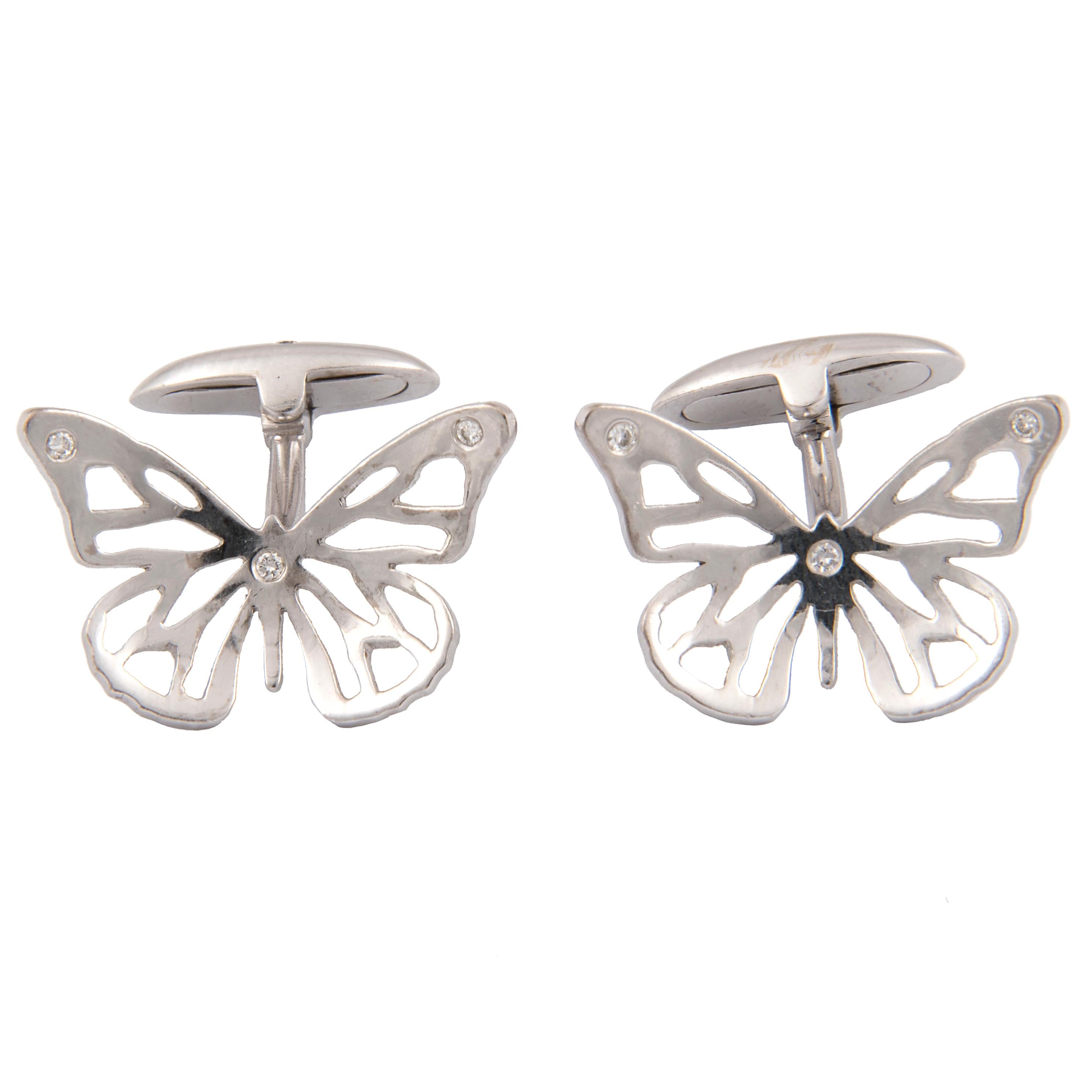 Pair of cufflinks by Florence Larochas, designed as 18k white gold butterflies set with diamonds
Signed F. Larochas Paris, French hallmark
Limited edition
Circa 2000