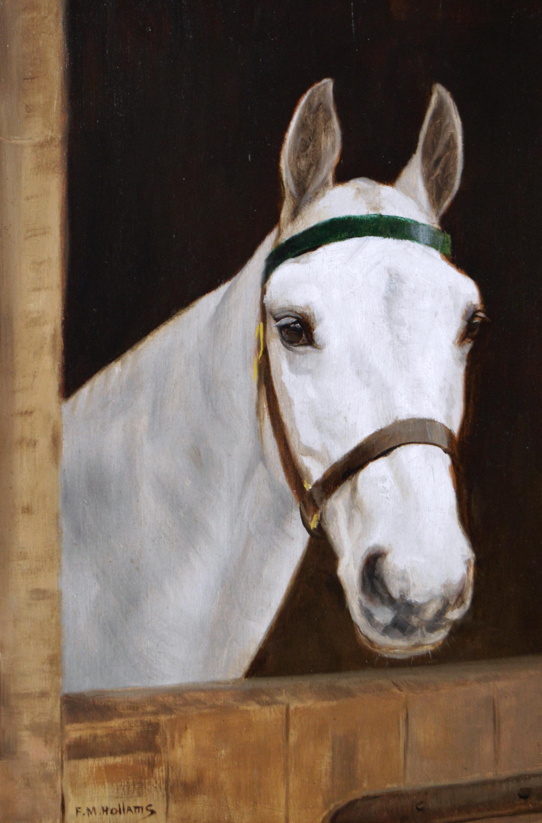 Equestrian portrait oil painting of a white horse at a stable door - Painting by Florence Mabel Hollams