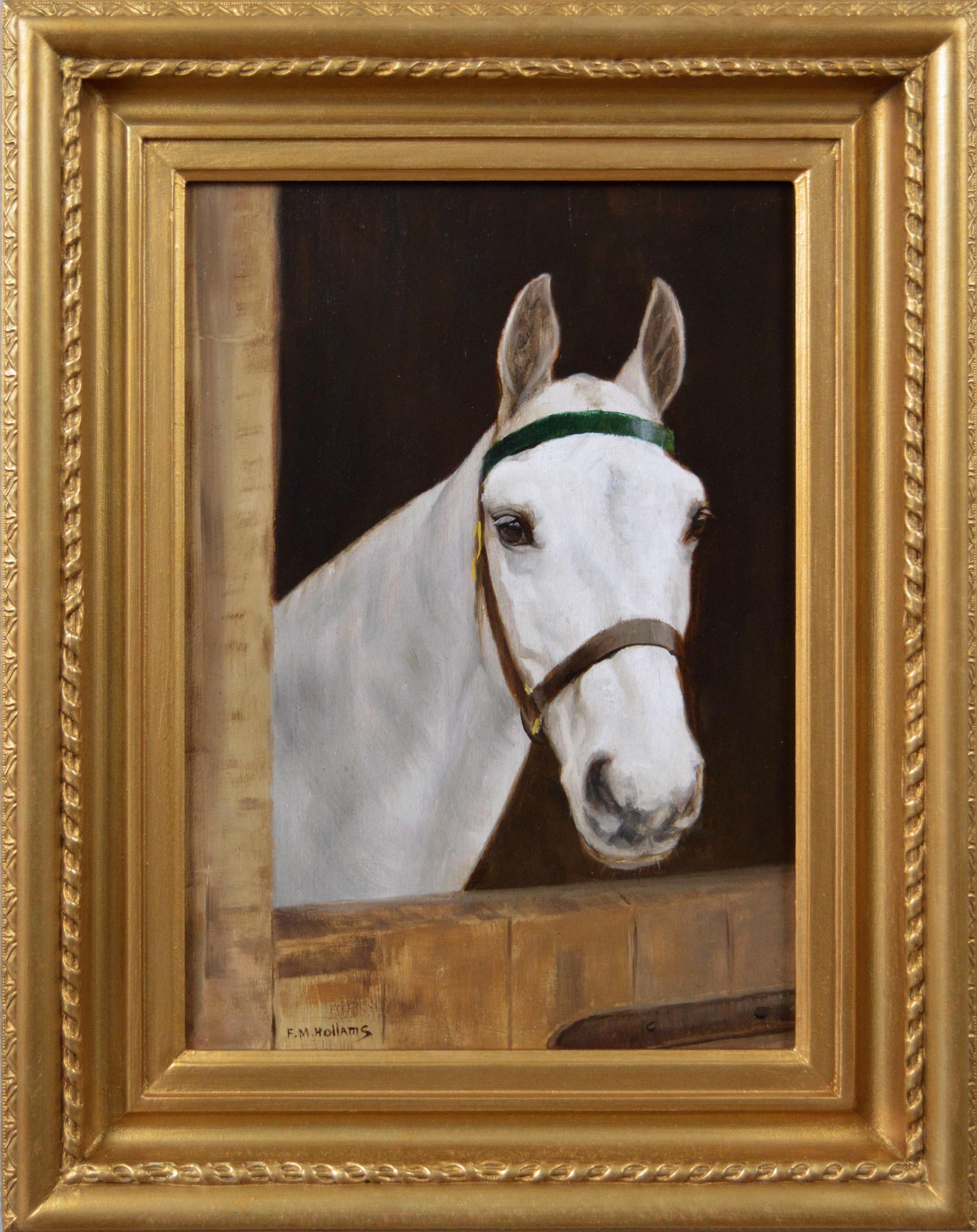 Florence Mabel Hollams Animal Painting - Equestrian portrait oil painting of a white horse at a stable door