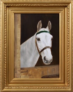 Equestrian portrait oil painting of a white horse at a stable door