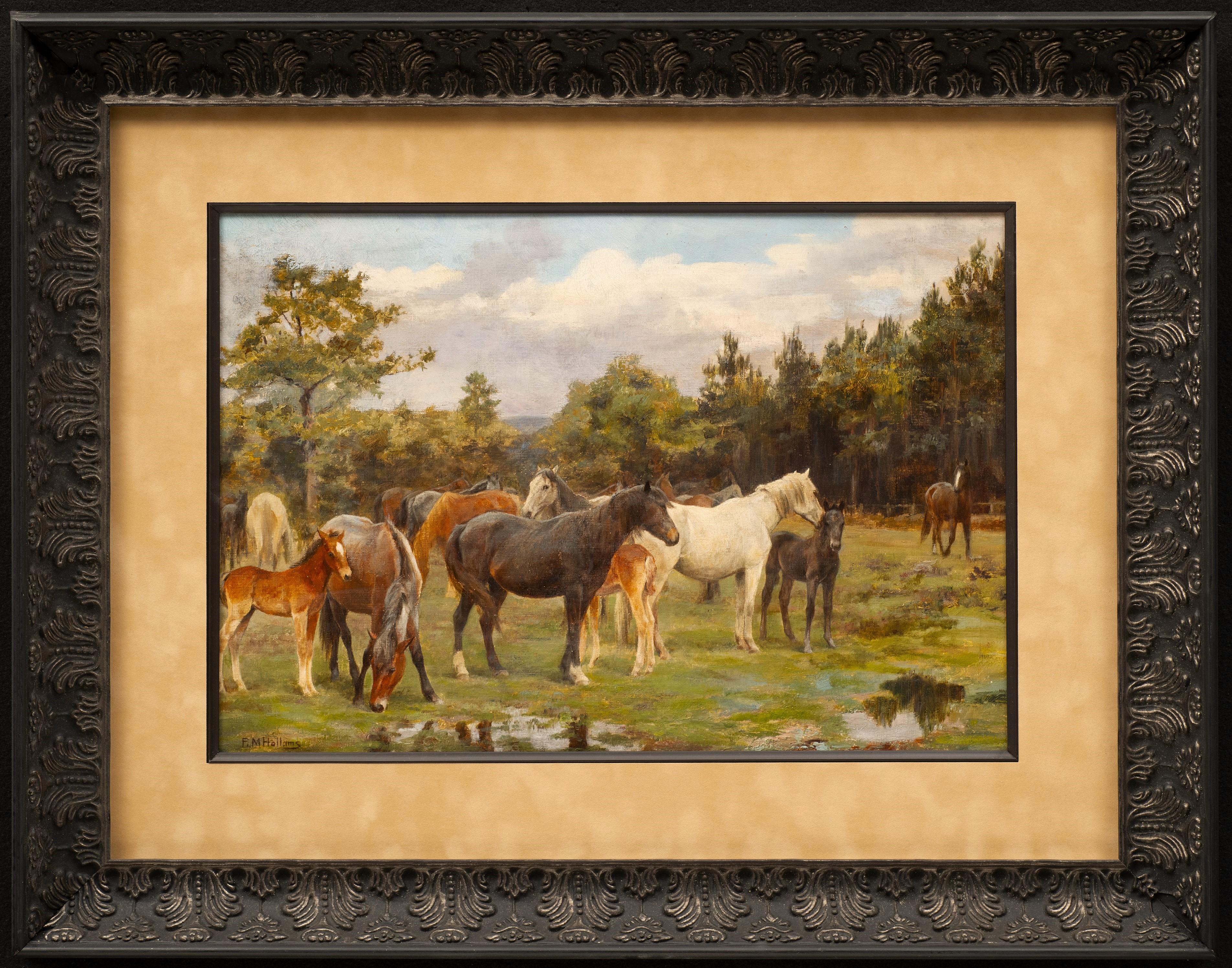 “Herd of Horses in a Marshy Landscape” Frances Mabel Hollams (England 1877-1963) - Painting by Florence Mabel Hollams