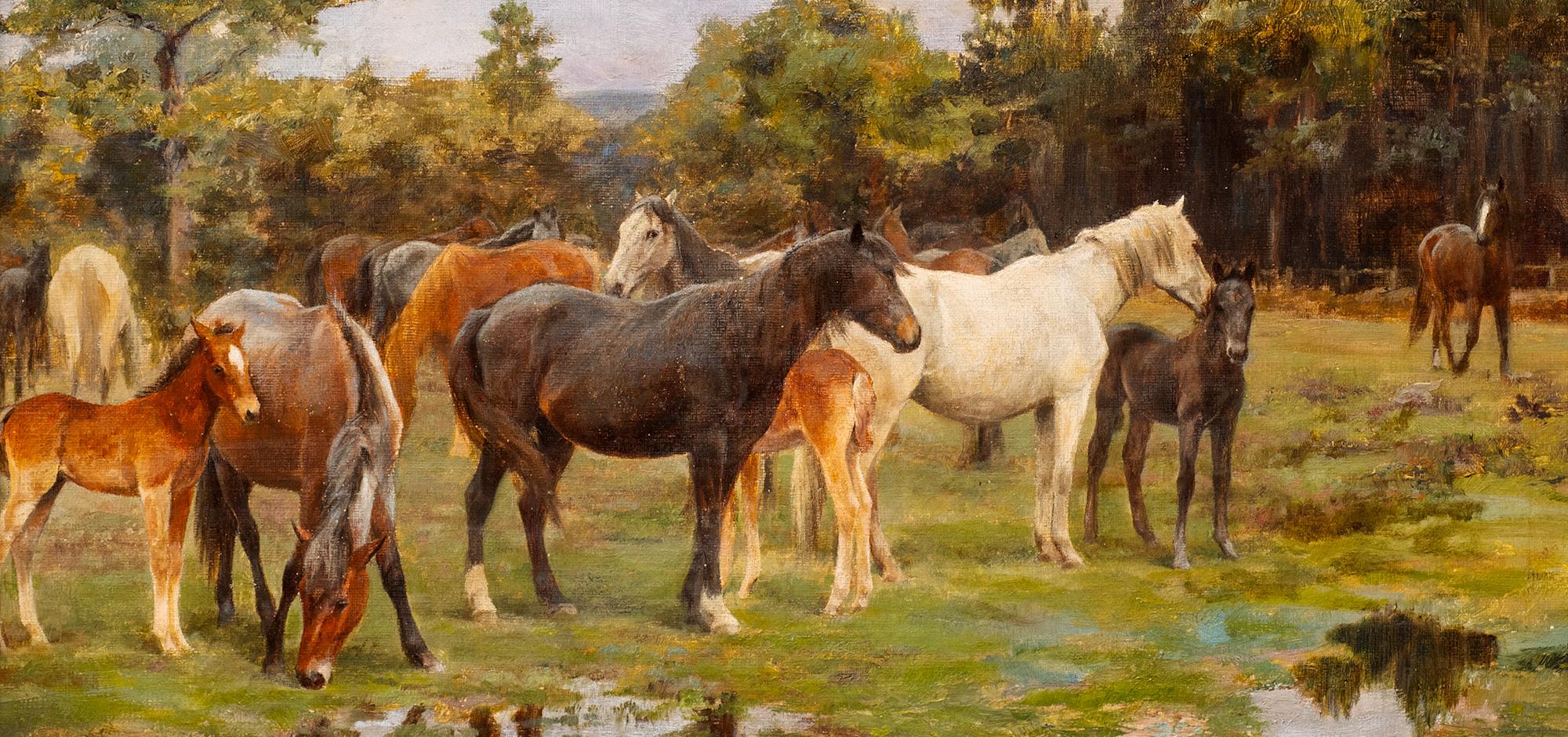 “Herd of Horses in a Marshy Landscape” Frances Mabel Hollams (England 1877-1963) - Realist Painting by Florence Mabel Hollams