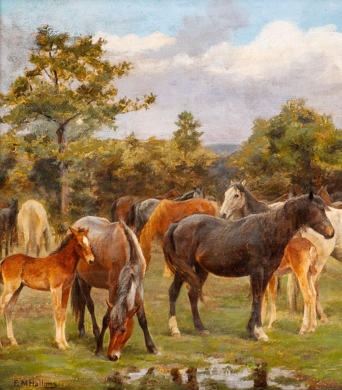 “Herd of Horses in a Marshy Landscape” Frances Mabel Hollams (England 1877-1963) - Brown Landscape Painting by Florence Mabel Hollams