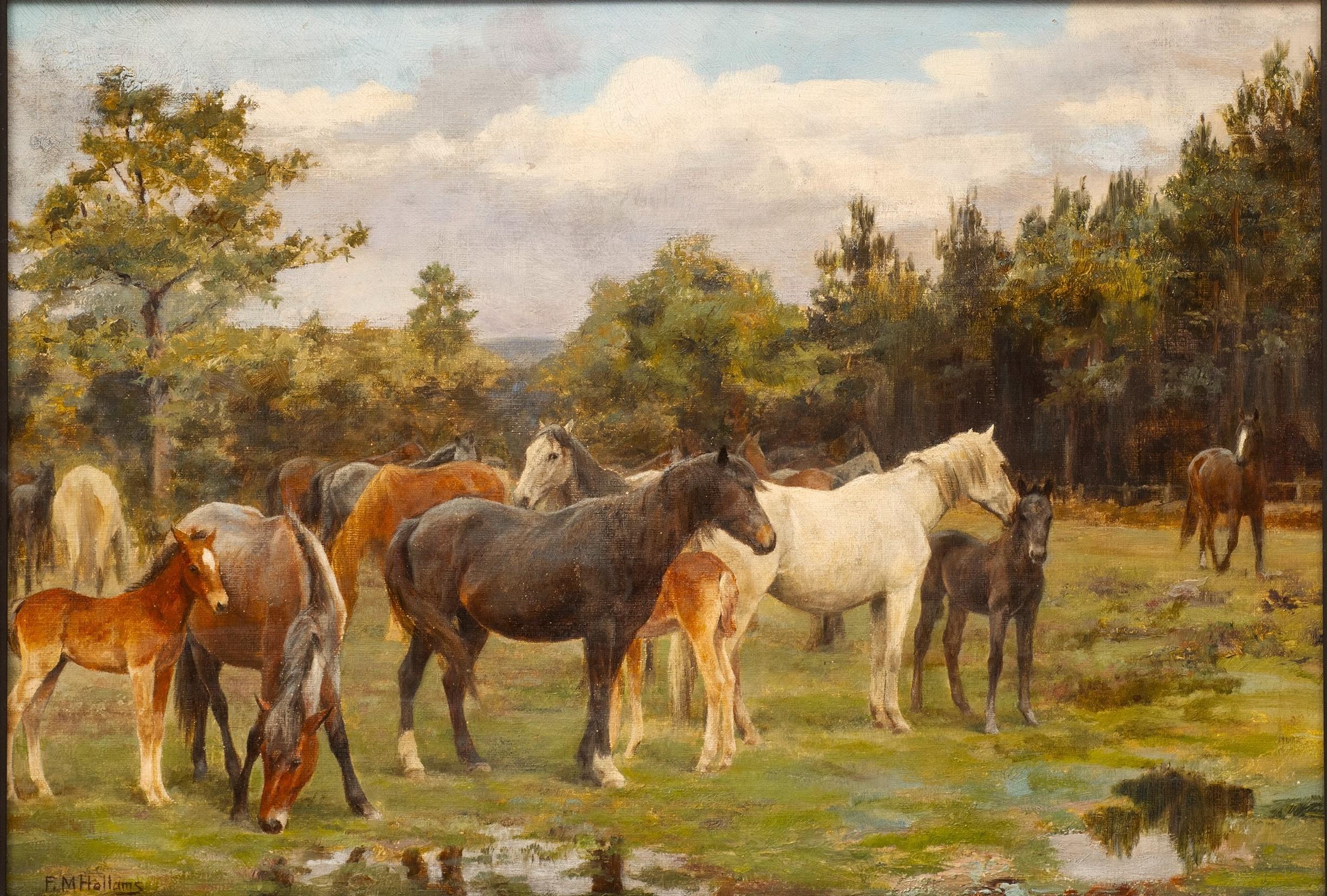 Florence Mabel Hollams Landscape Painting - “Herd of Horses in a Marshy Landscape” Frances Mabel Hollams (England 1877-1963)