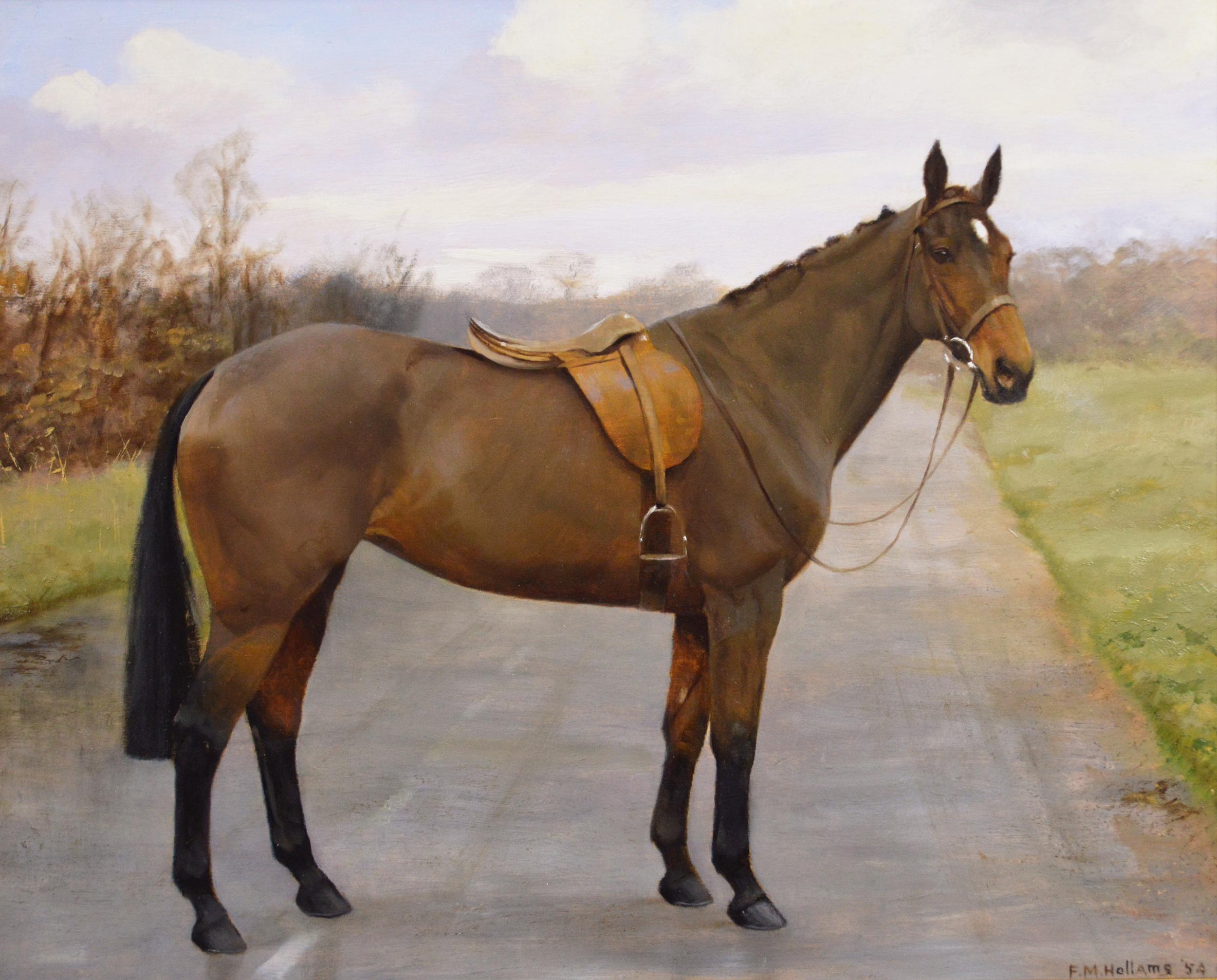 Horse portrait oil painting of a Bay hunter in a landscape - Painting by Florence Mabel Hollams