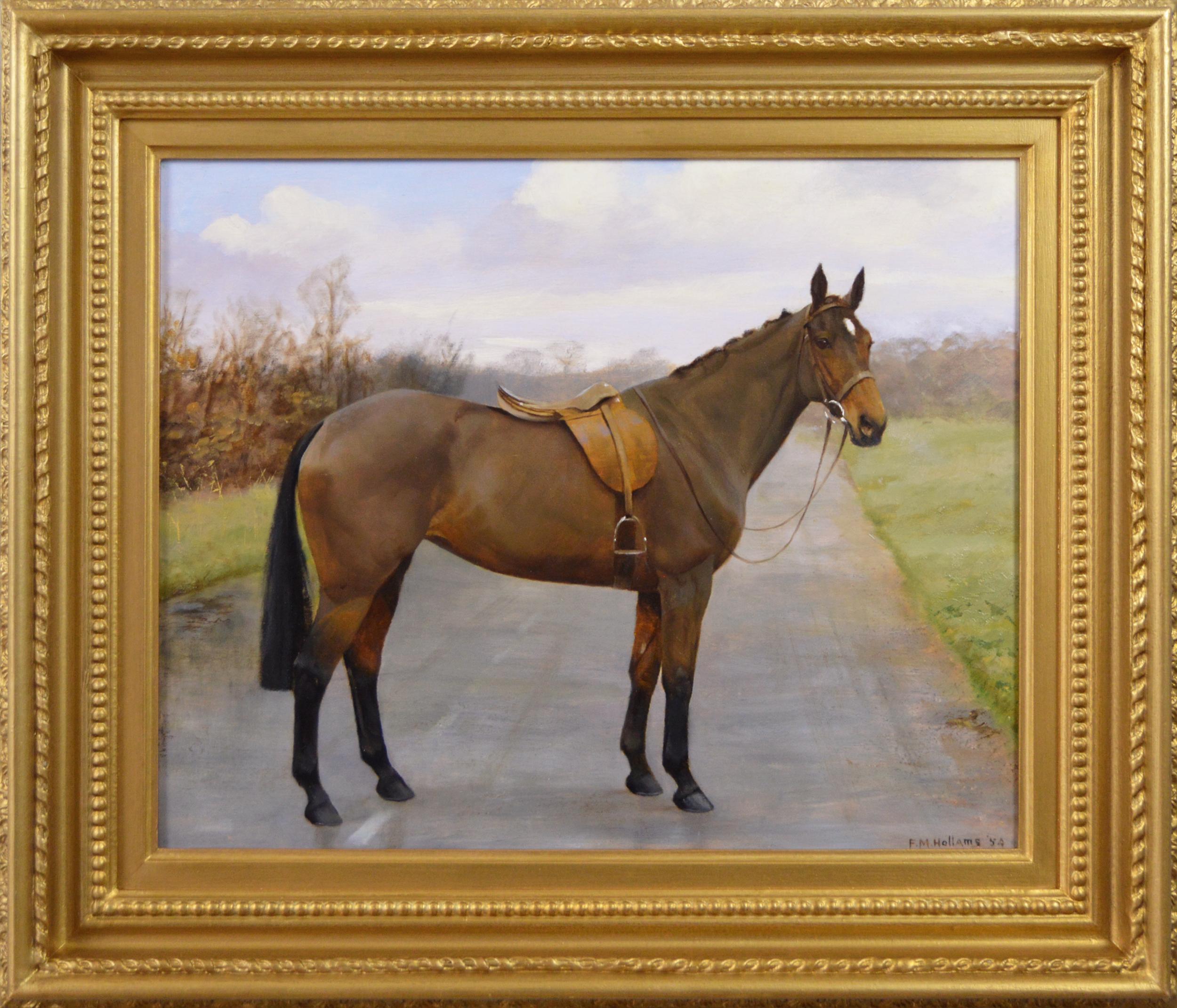 Florence Mabel Hollams Animal Painting - Horse portrait oil painting of a Bay hunter in a landscape