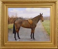 Horse portrait oil painting of a Bay hunter in a landscape