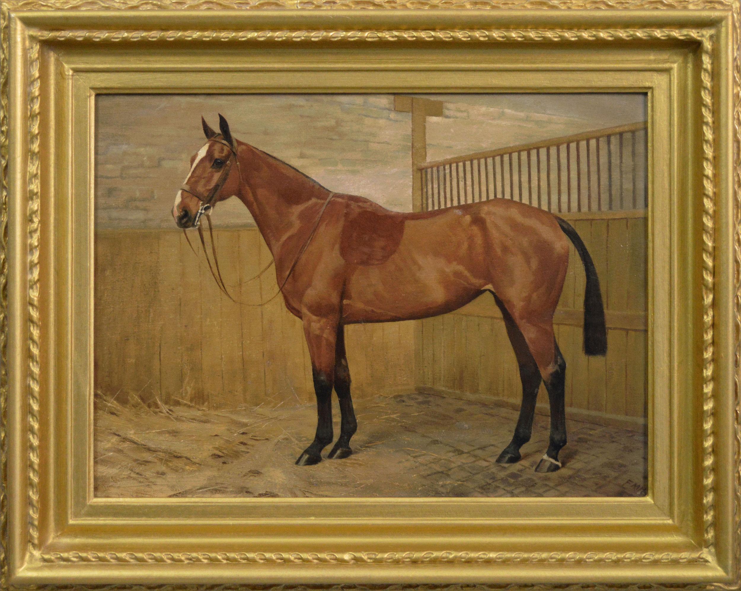 Horse portrait oil painting of a bay hunter in a stable