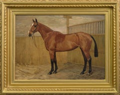 Vintage Horse portrait oil painting of a bay hunter in a stable
