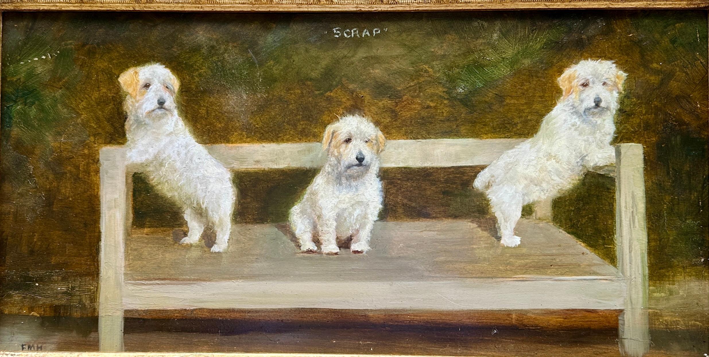 Portrait von Wire Fox Terrier oder Westie, Englisch in einer Landschaft in drei Bildern (Viktorianisch), Painting, von Florence Mabel Hollams