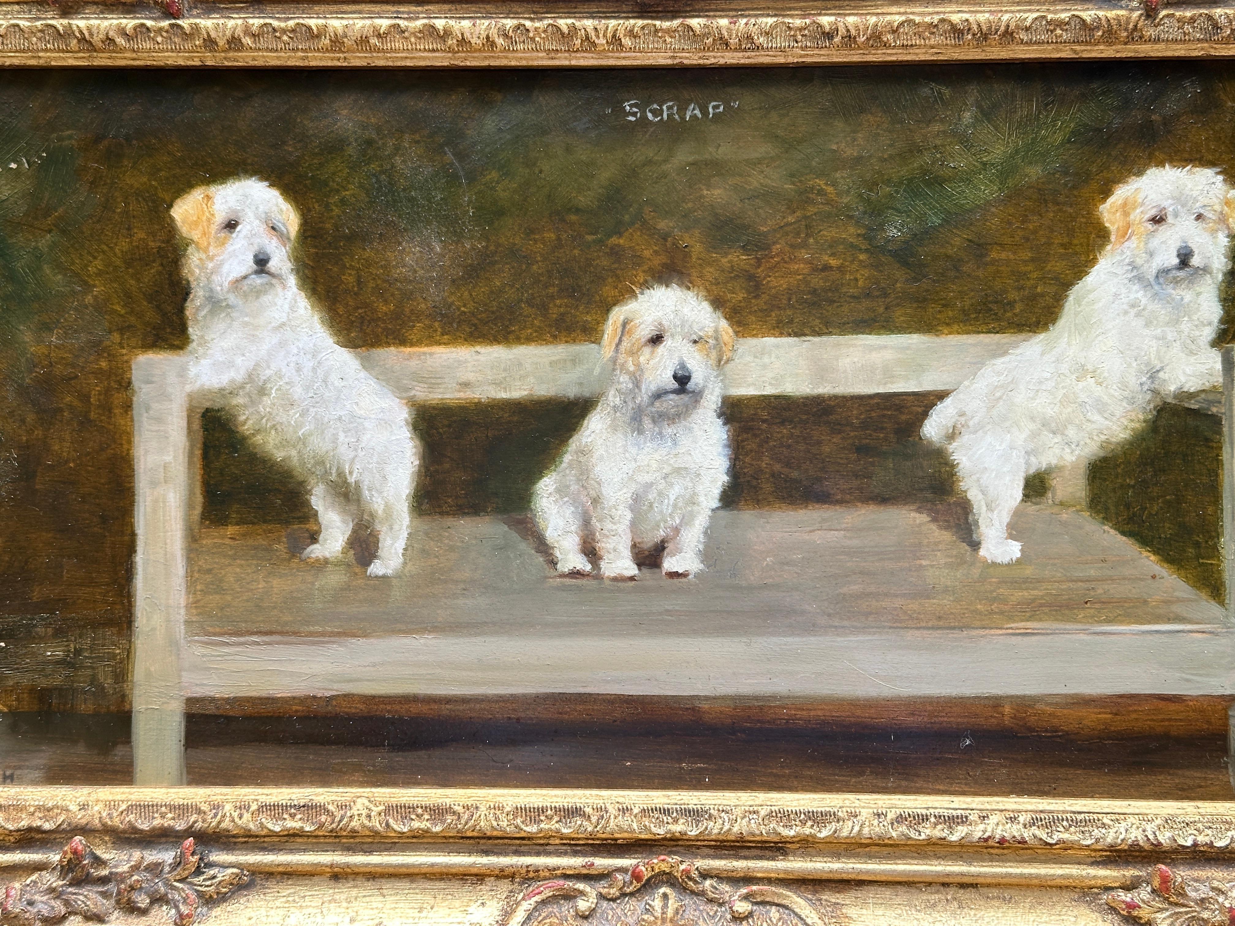 Portrait von Wire Fox Terrier oder Westie, Englisch in einer Landschaft in drei Bildern (Braun), Landscape Painting, von Florence Mabel Hollams