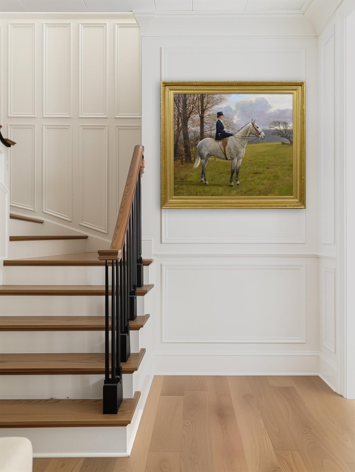 Sporting animal oil painting of woman on a grey horse 6