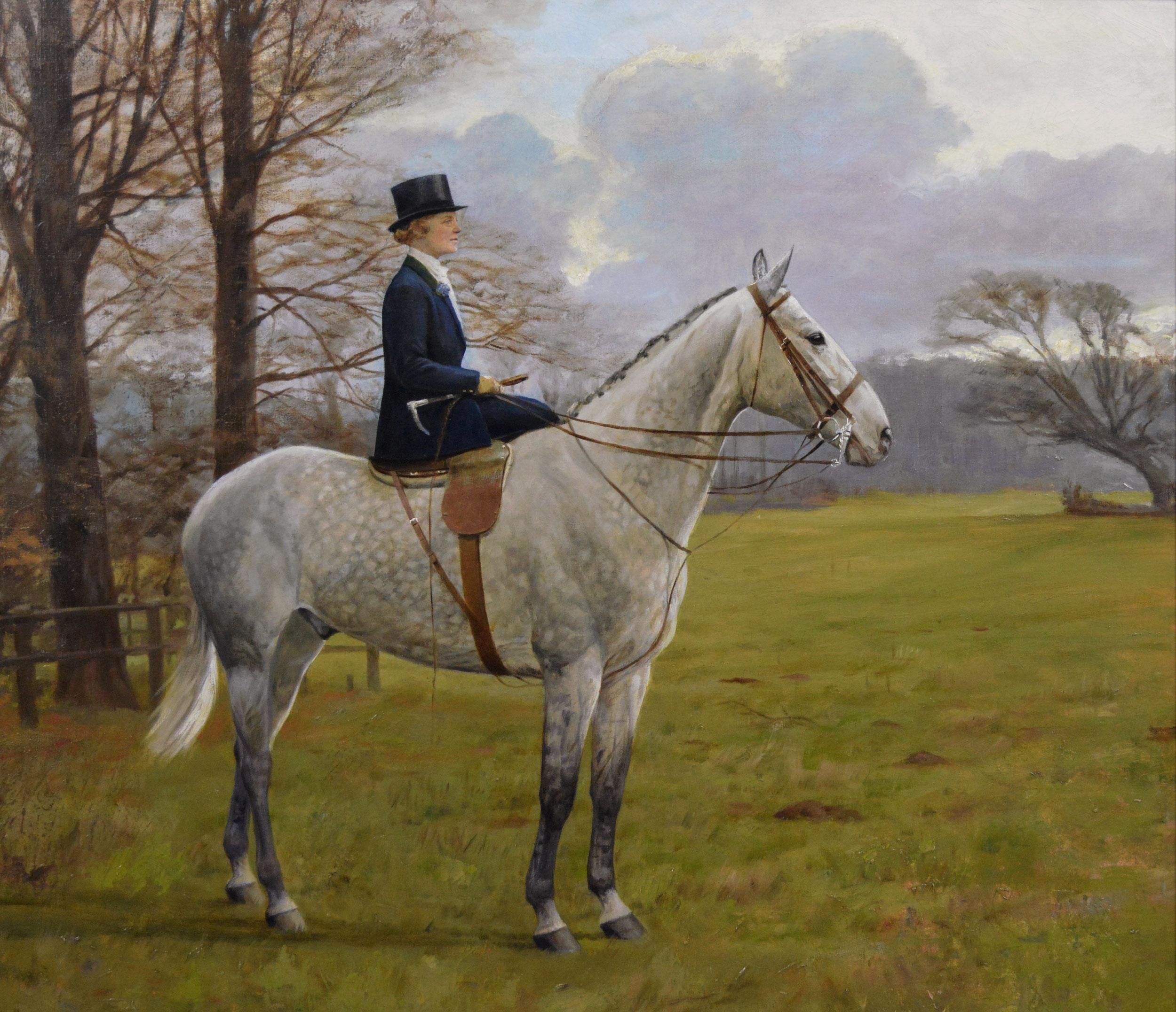 Sporting animal oil painting of woman on a grey horse - Painting by Florence Mabel Hollams