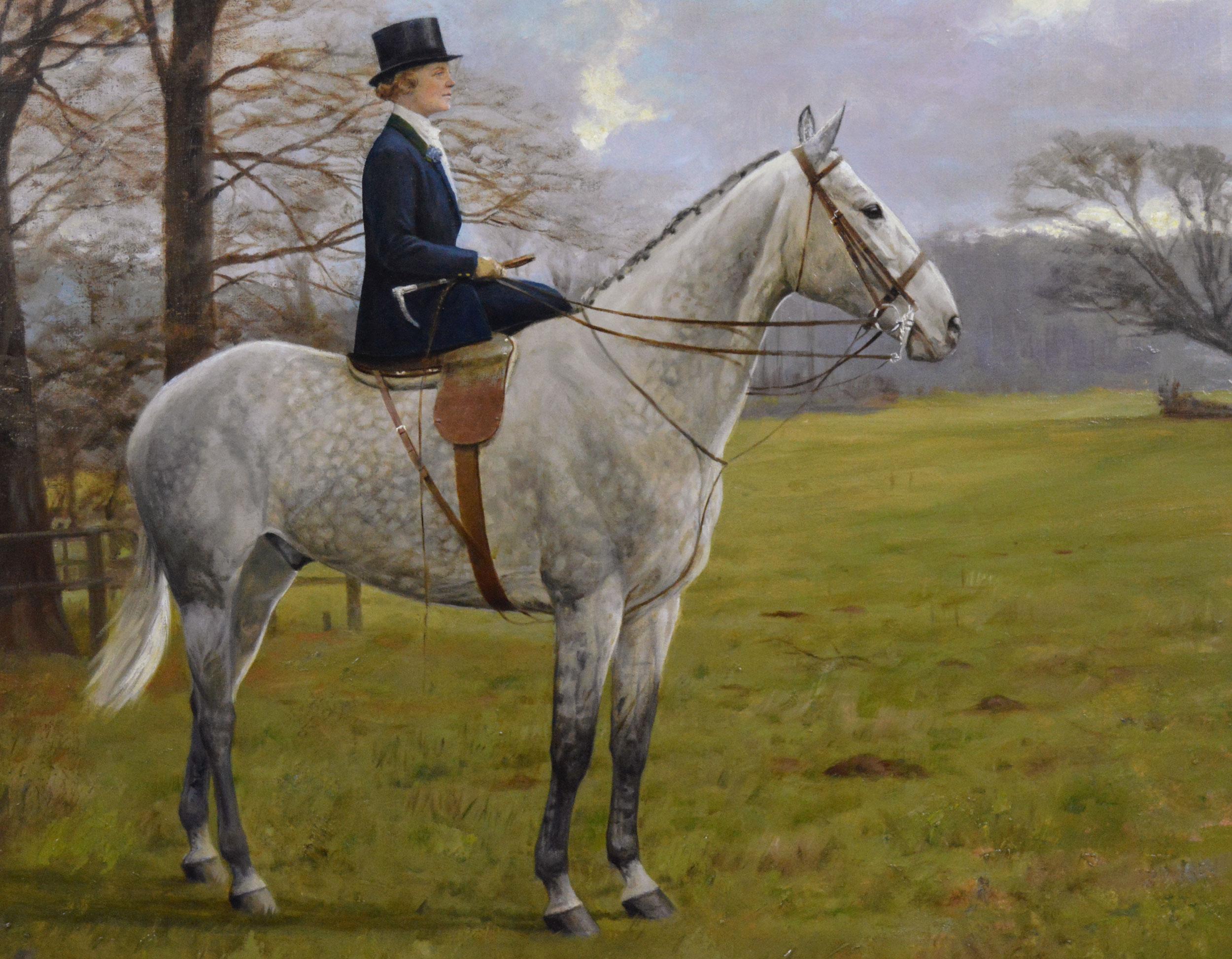 Sporting animal oil painting of woman on a grey horse - Brown Figurative Painting by Florence Mabel Hollams