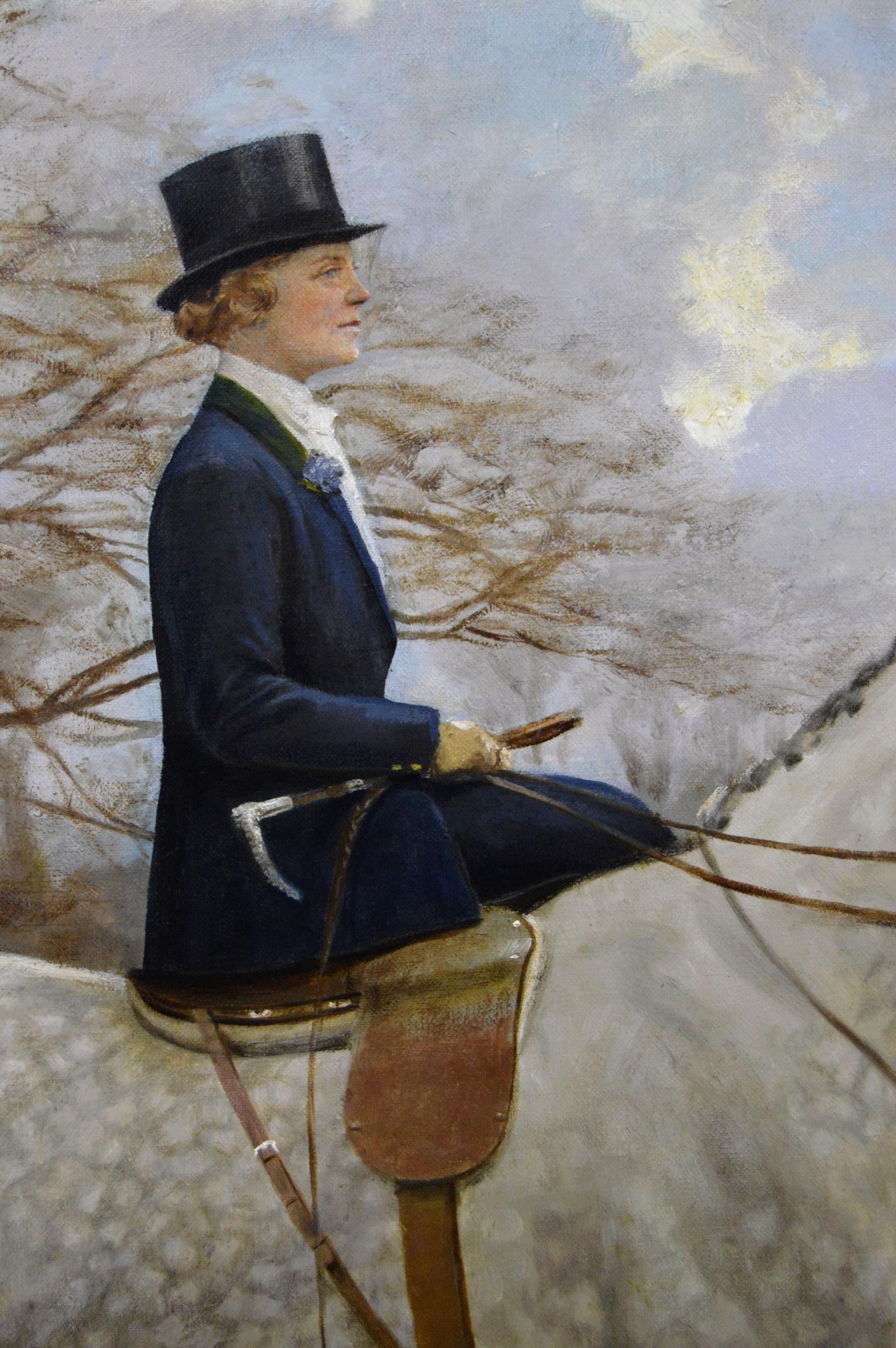 Sporting animal oil painting of woman on a grey horse 1