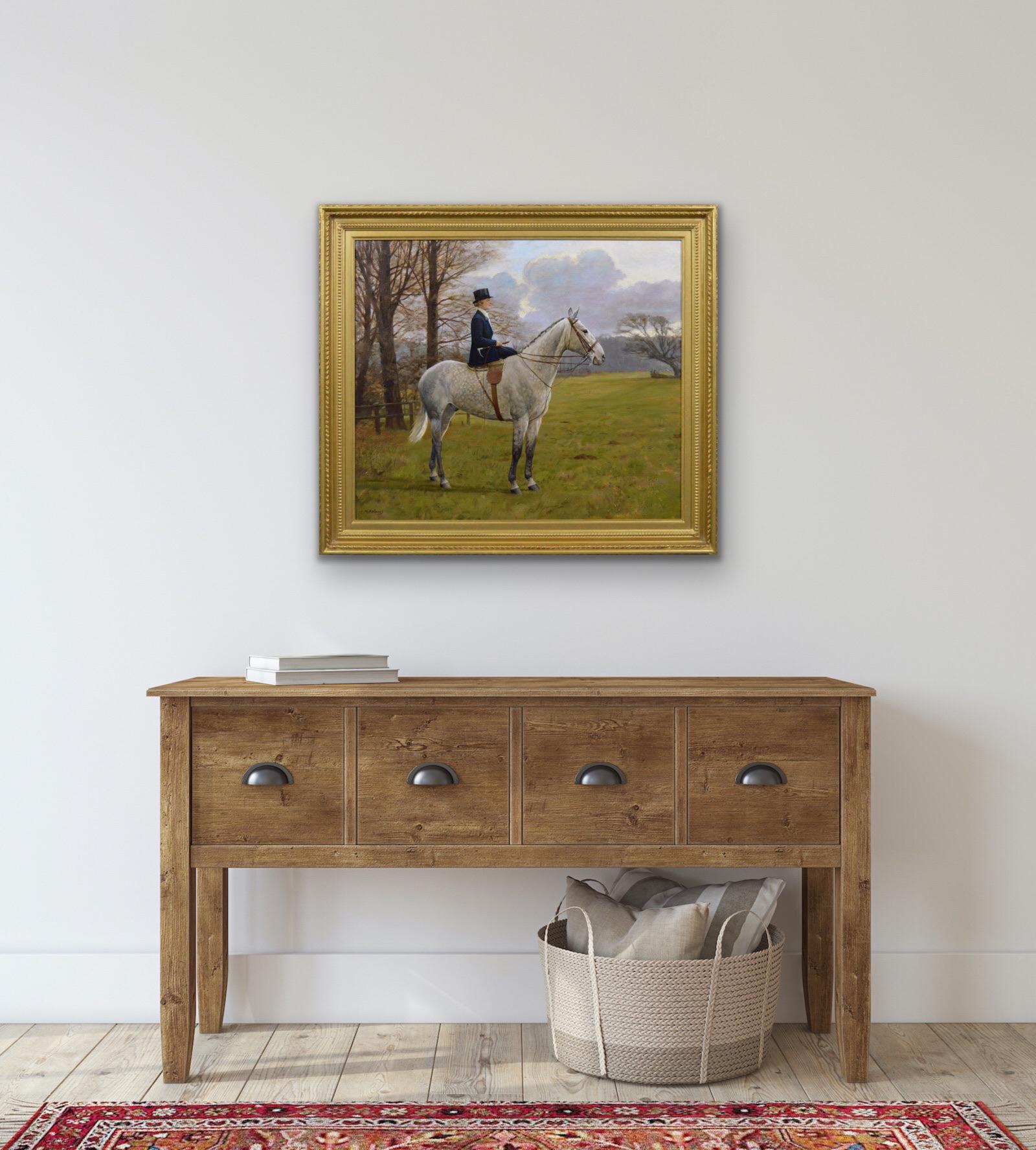 Sporting animal oil painting of woman on a grey horse 4