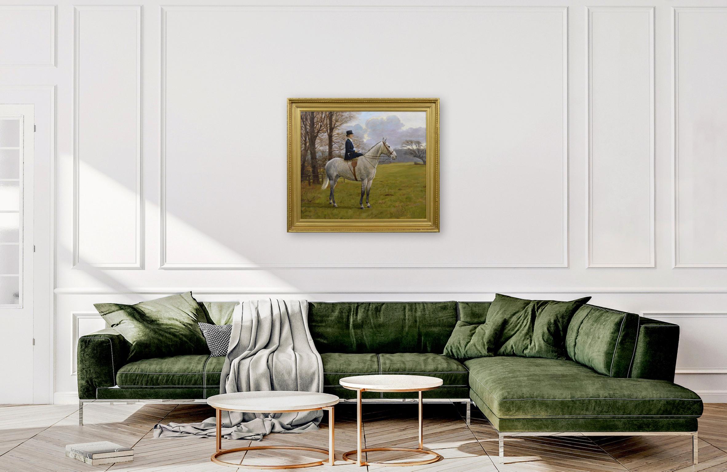 Sporting animal oil painting of woman on a grey horse 5