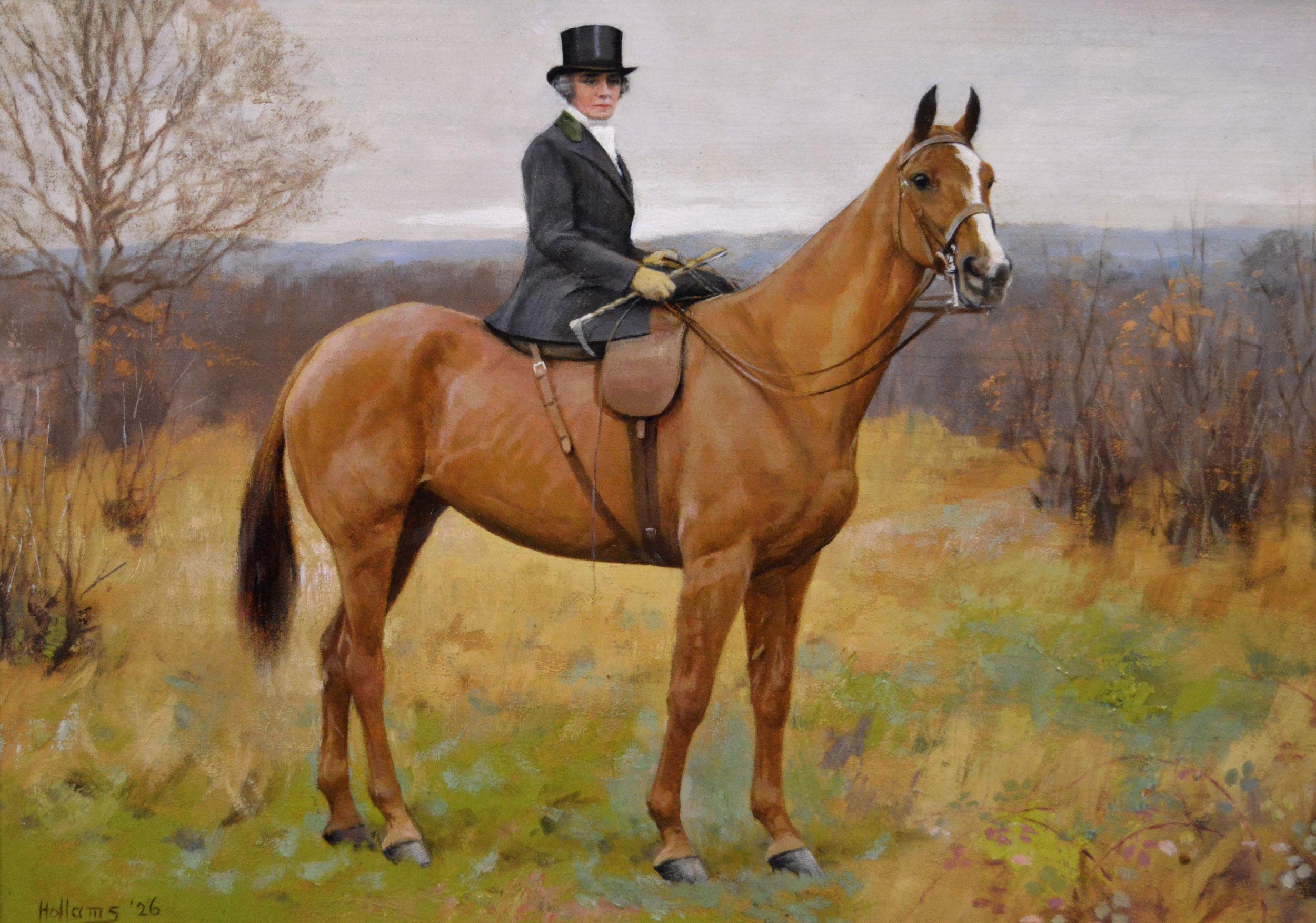 Sporting horse oil painting of a chestnut hunter & rider - Painting by Florence Mabel Hollams