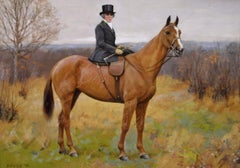 Sporting horse oil painting of a chestnut hunter & rider