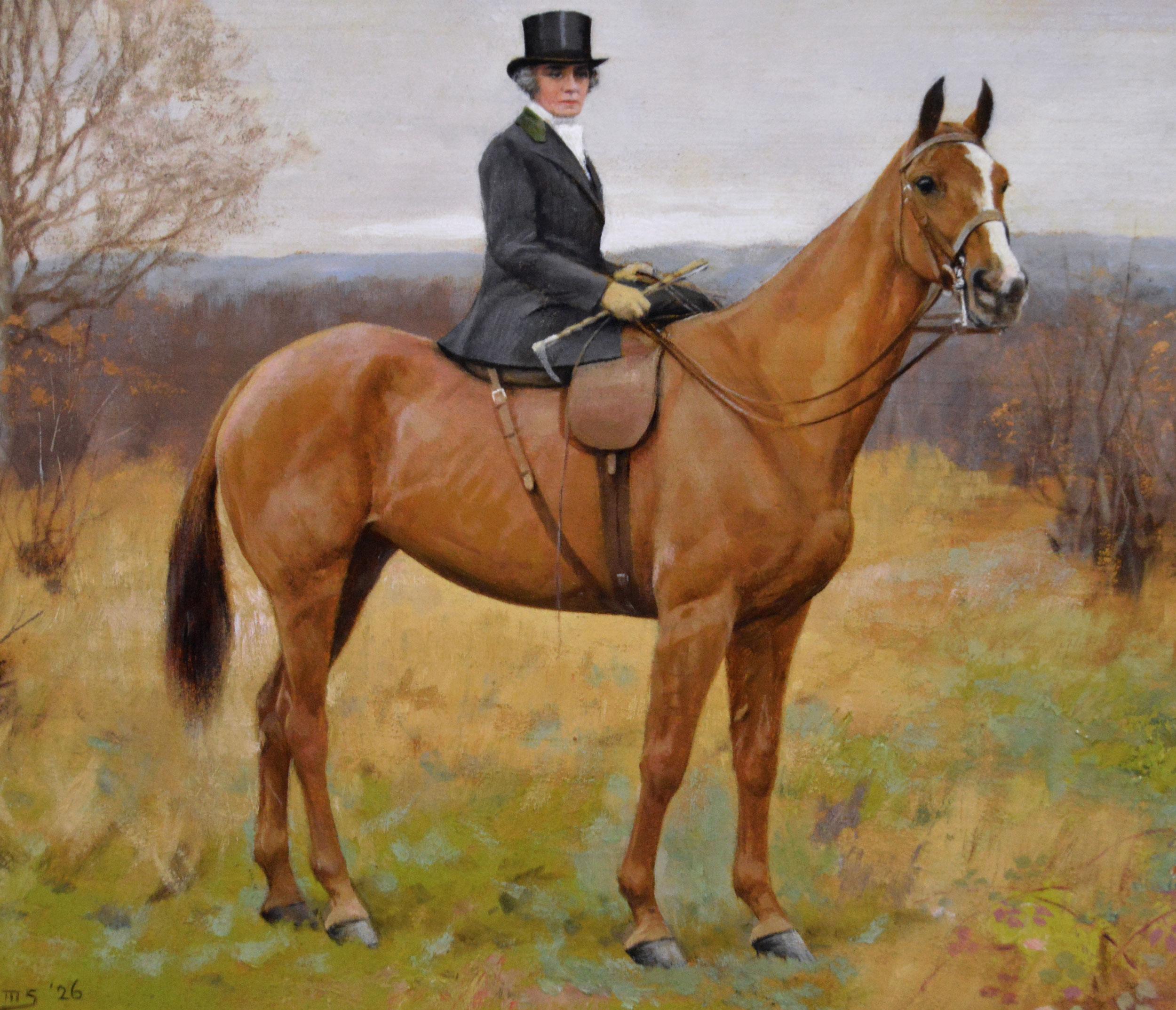 Sporting horse oil painting of a chestnut hunter & rider - Brown Animal Painting by Florence Mabel Hollams