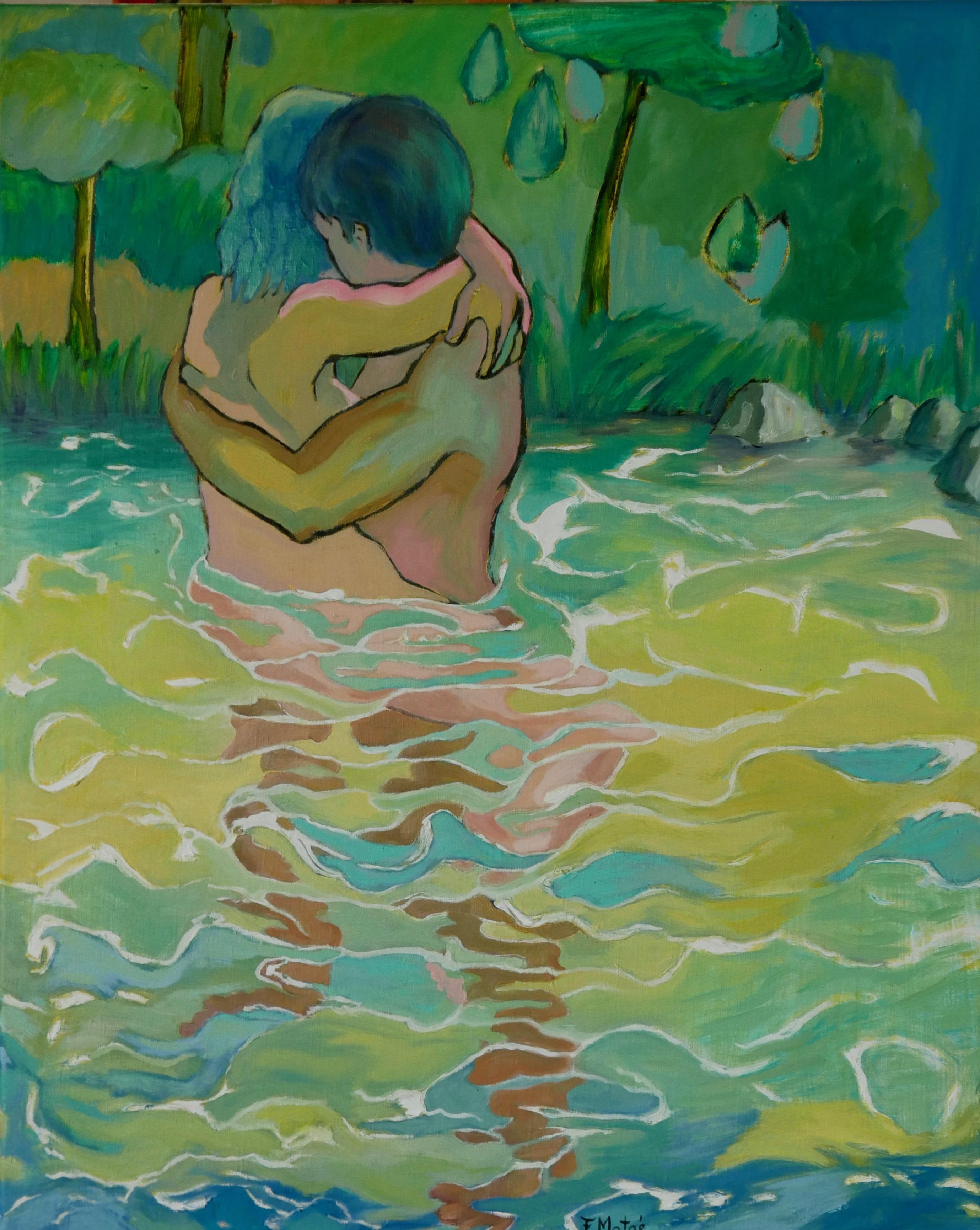 „Along the Water“ – figuratives Ölgemälde in Rosa, Grün, Weiß, Blau und Braungelb 