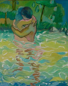 Along the Water - Figurative Oil Painting Pink Green White Blue Brown Yellow 