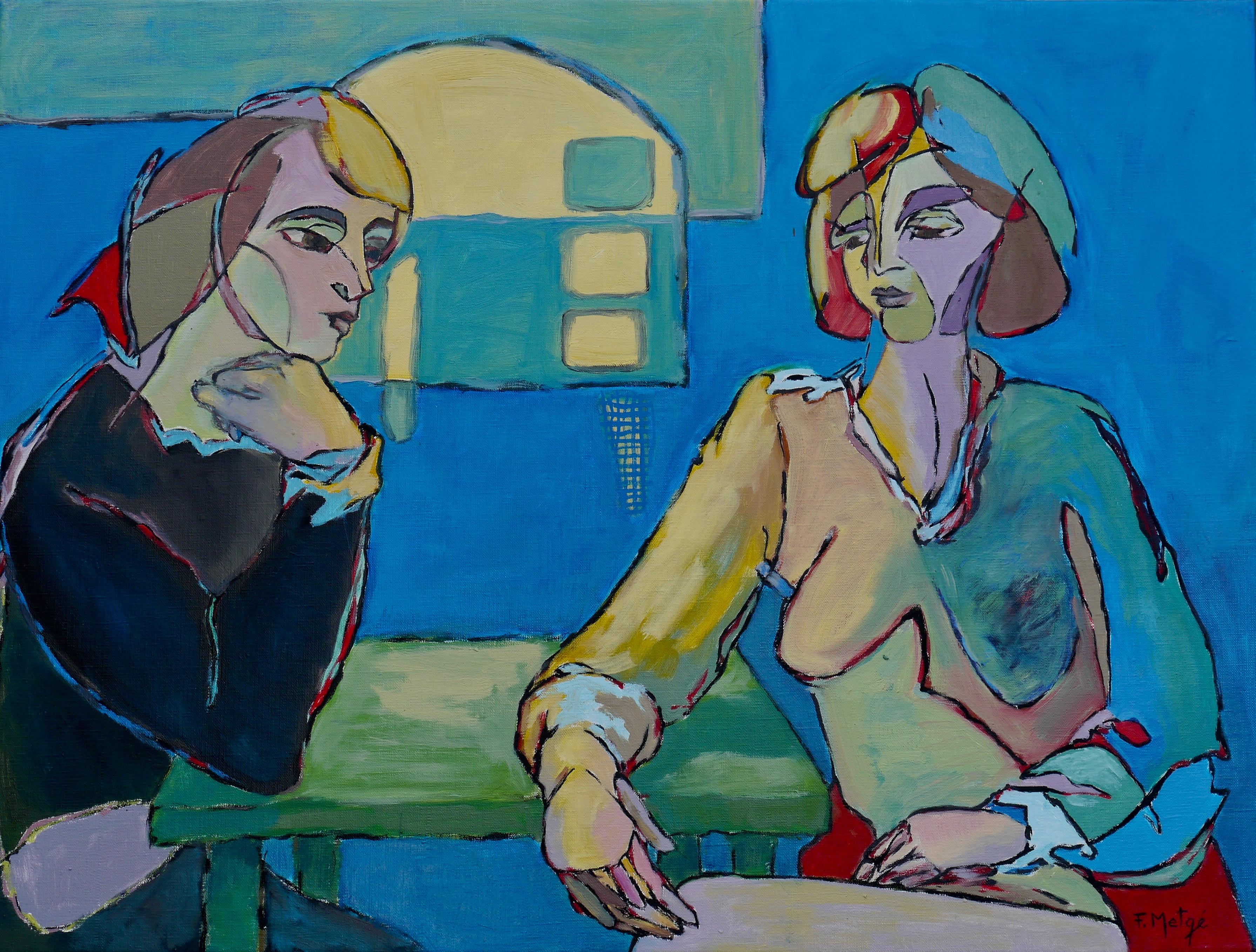 Florence Metge Figurative Painting - Confidences - Acrylic Painting Purple Green White Blue Brown Black Yellow Red