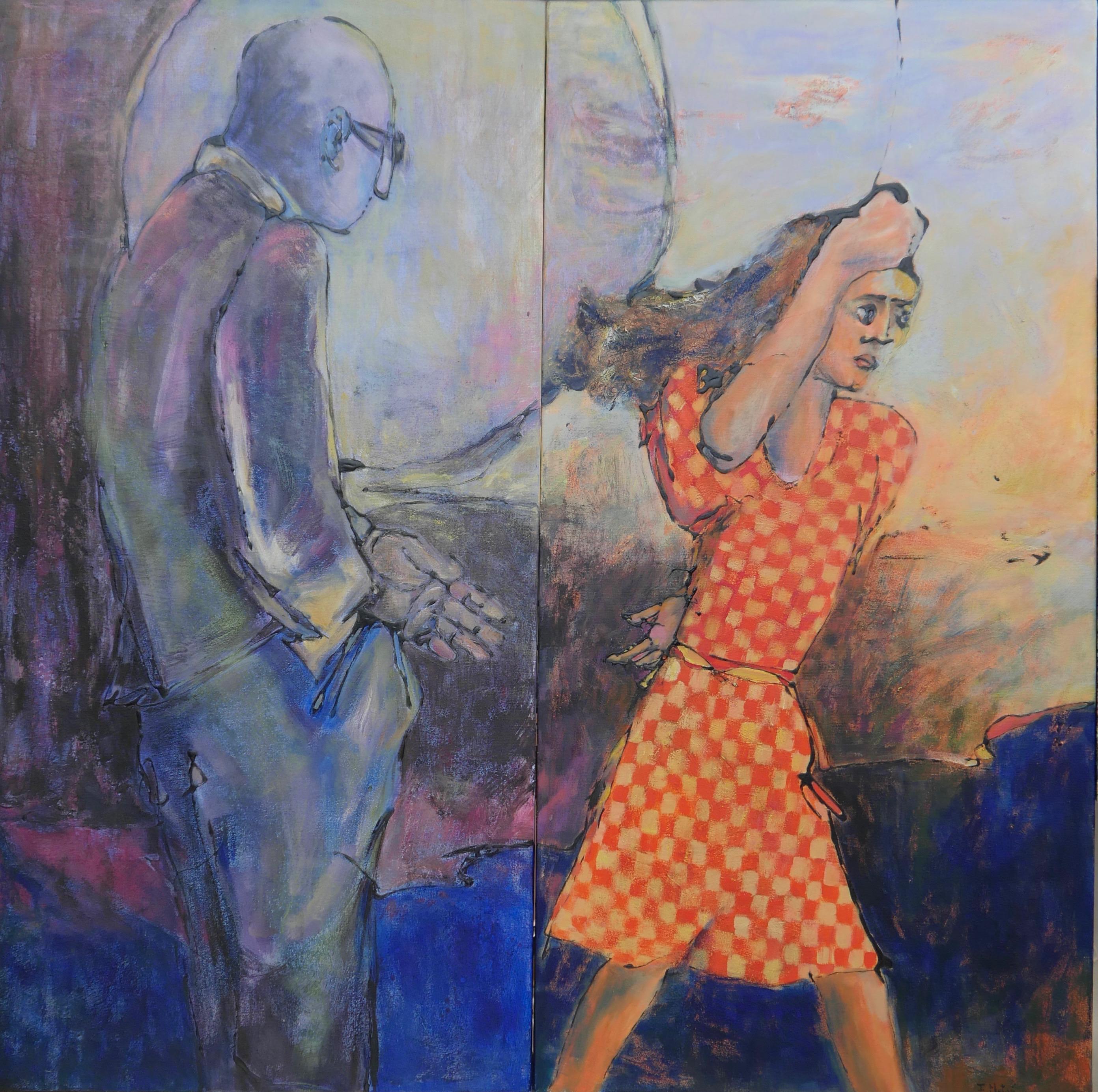 Florence Metge Figurative Painting – Oedipus und antikes Diptychon, Gemälde in Rosa, Grün, Weiß, Blau, Braun, Gelb und Orange