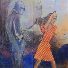 Oedipus and Antigone Diptych Painting Pink Green White Blue Brown Yellow Orange