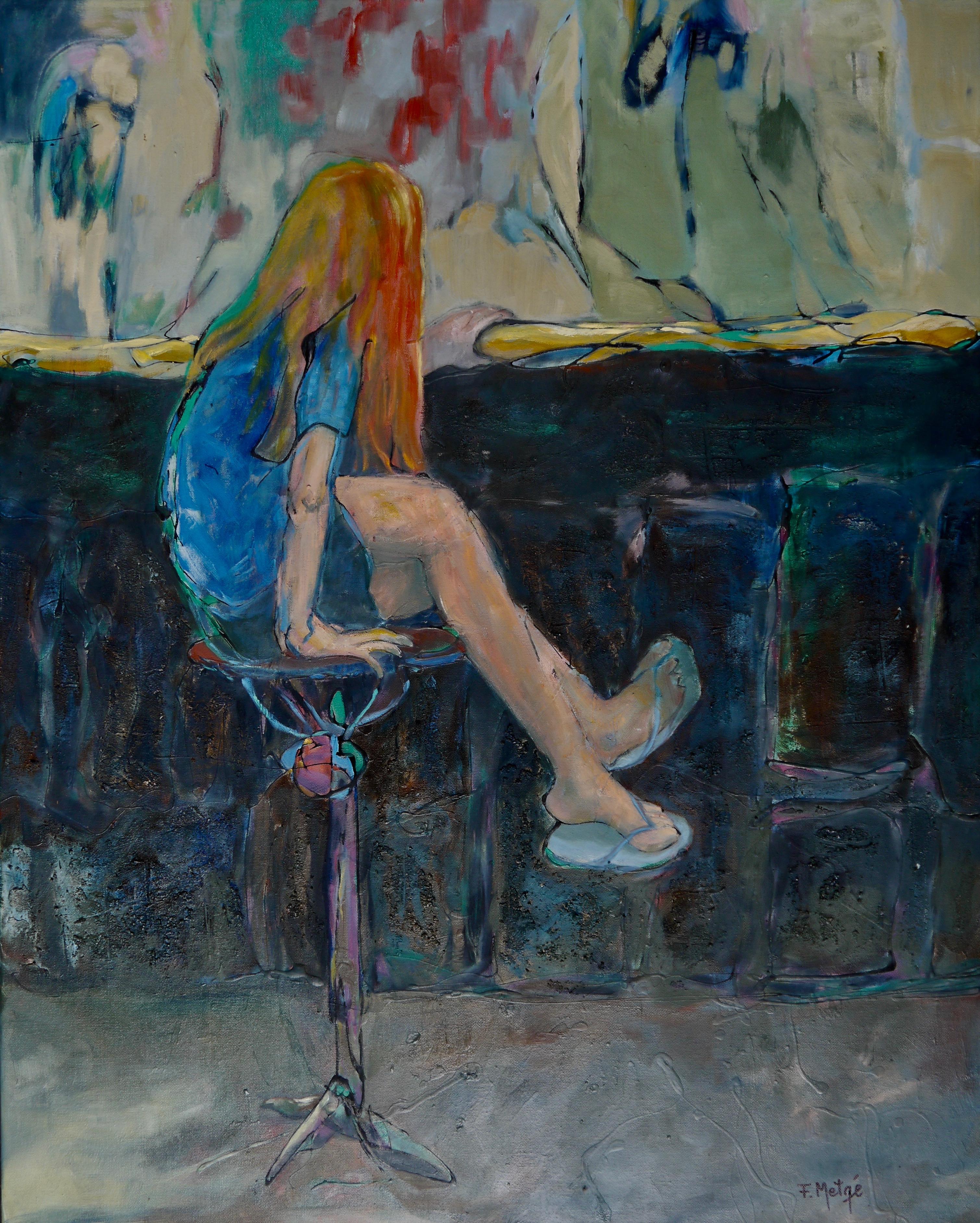 Florence Metge Figurative Painting - We Have to Grow Up - Oil Painting Pink Green White Blue Brown Yellow Red