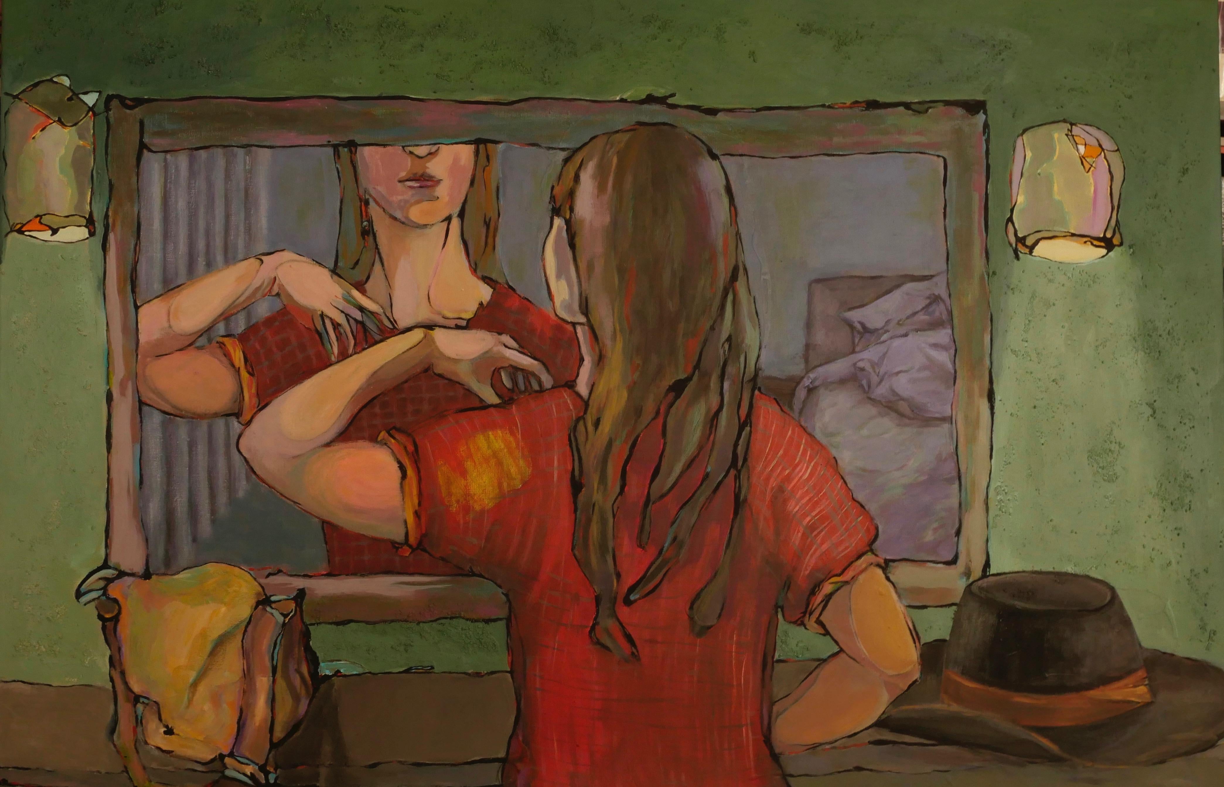 Florence Metge Figurative Painting - Woman in the Mirror - Oil Painting Pink Green White Blue Brown Yellow Red