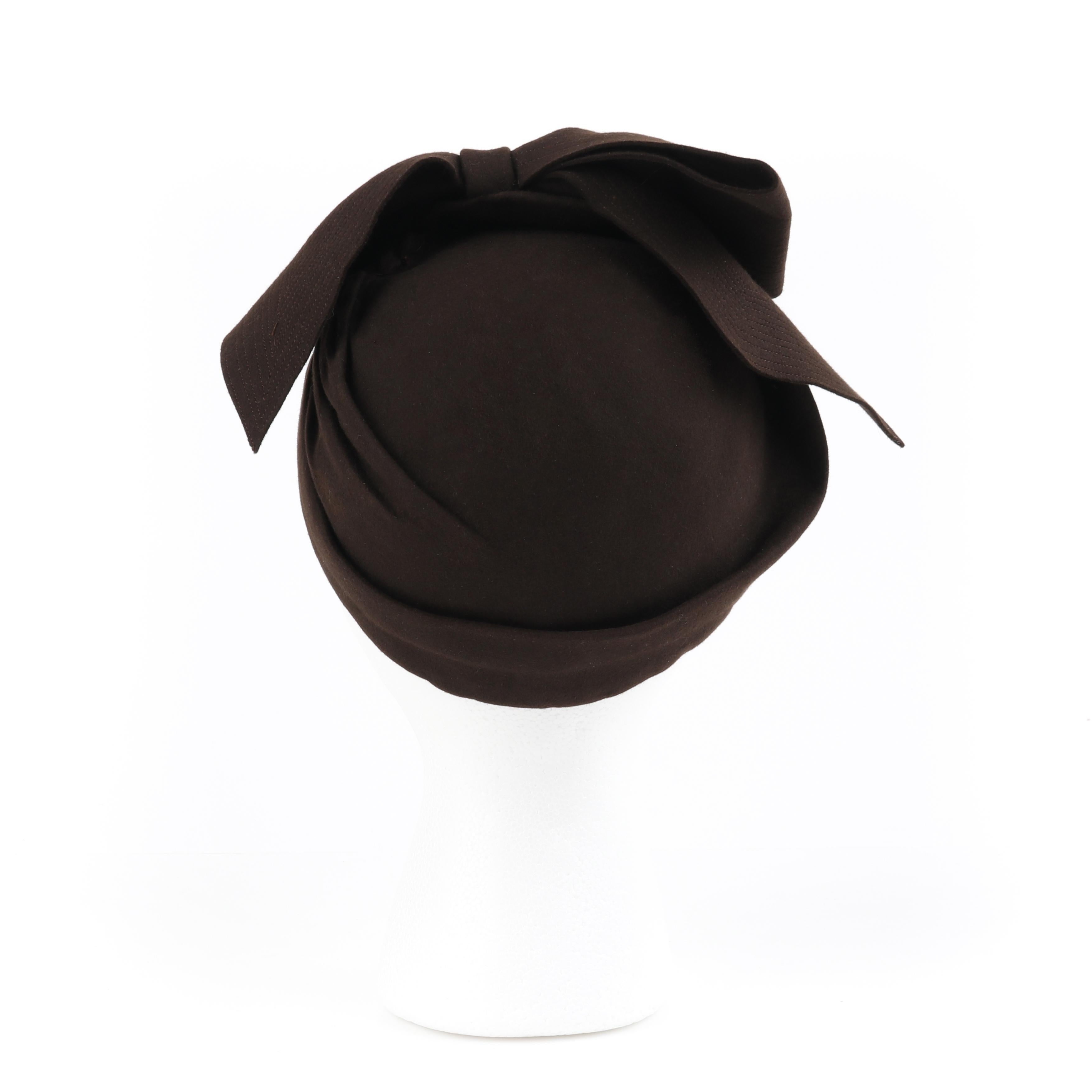 Black FLORENCE MILLINERY COUTURE c.1940s Chocolate Brown Felt Front Bow Turban Hat