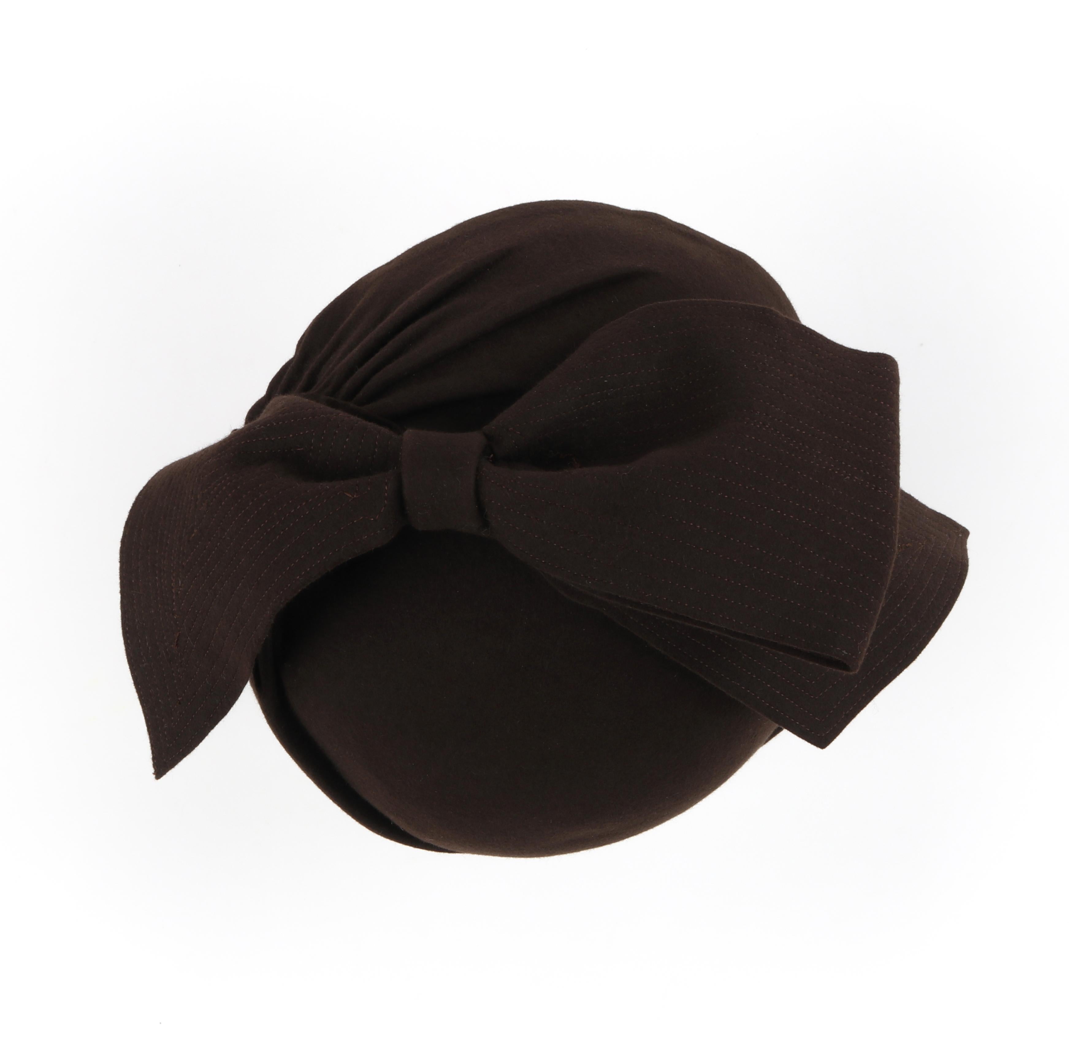 Women's FLORENCE MILLINERY COUTURE c.1940s Chocolate Brown Felt Front Bow Turban Hat