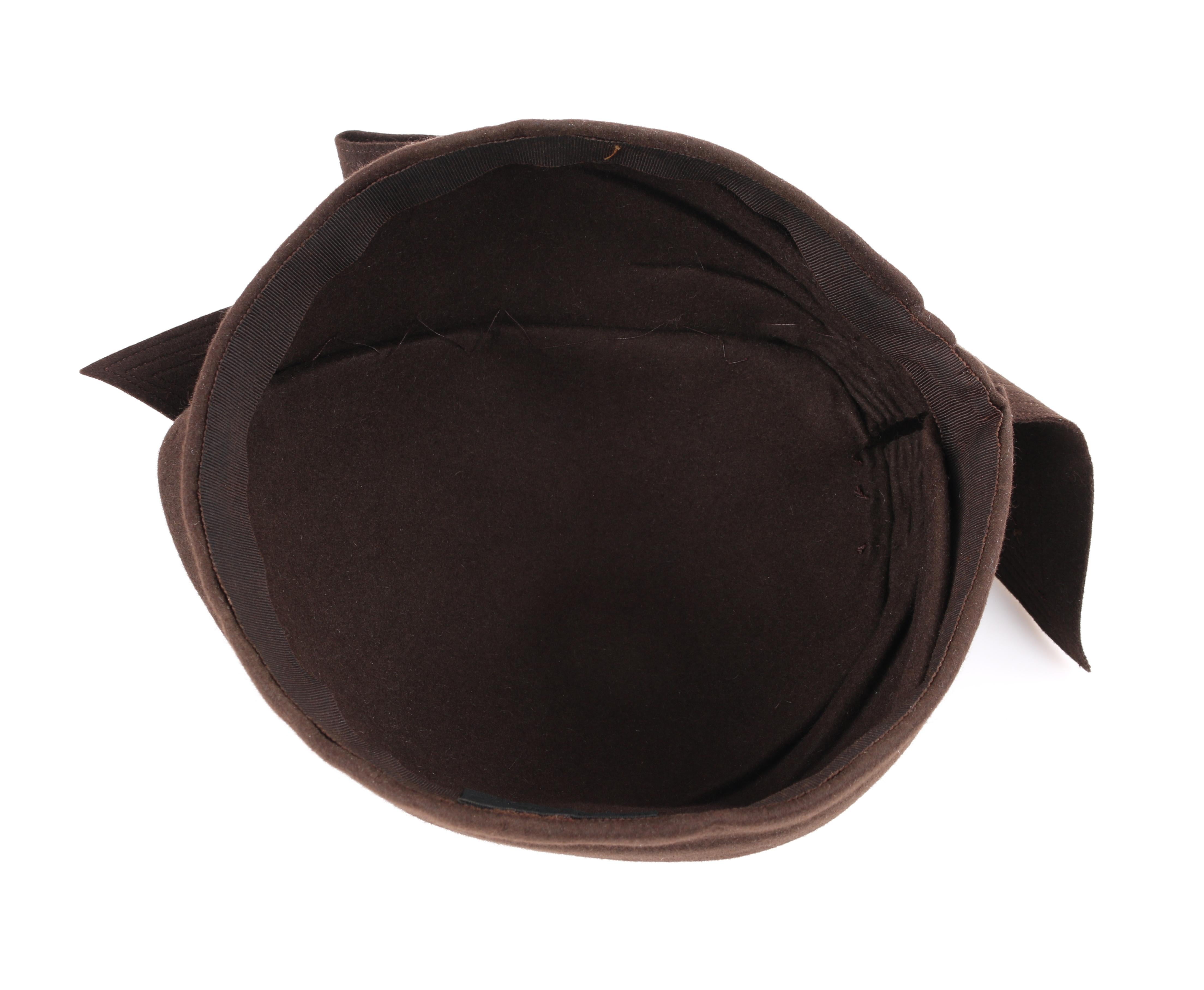 FLORENCE MILLINERY COUTURE c.1940s Chocolate Brown Felt Front Bow Turban Hat 1