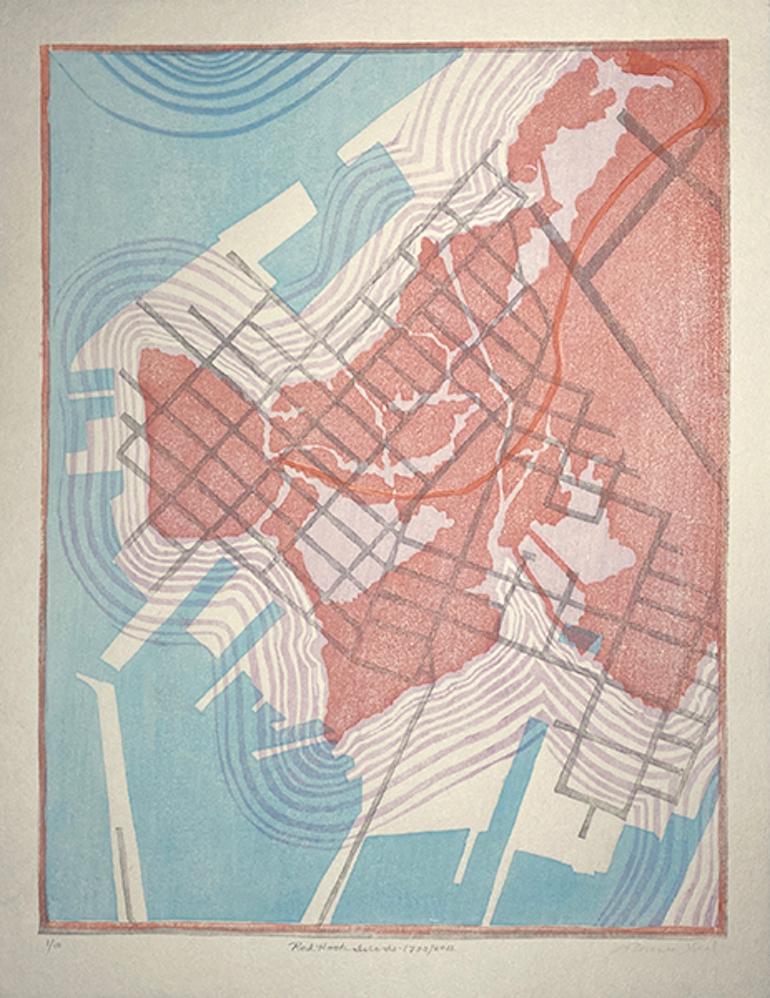 Florence Neal Landscape Print - "Red Hook Islands – 1770/2012", Woodcut Print Map of Red Hook, Brooklyn
