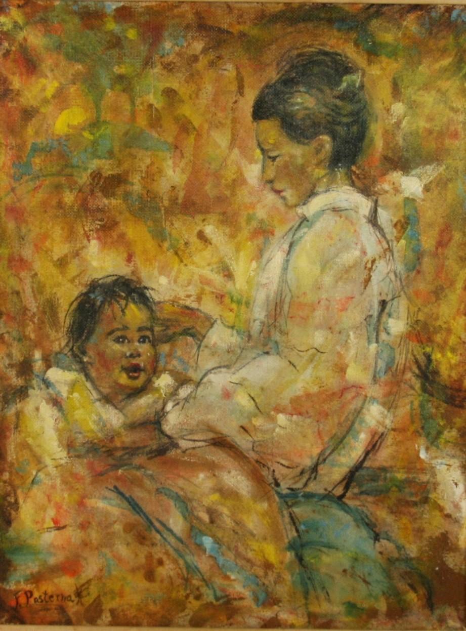 Peinture à l'huile impressionniste américaine, mère et enfant, 1968 - Painting de Florence Pasternak